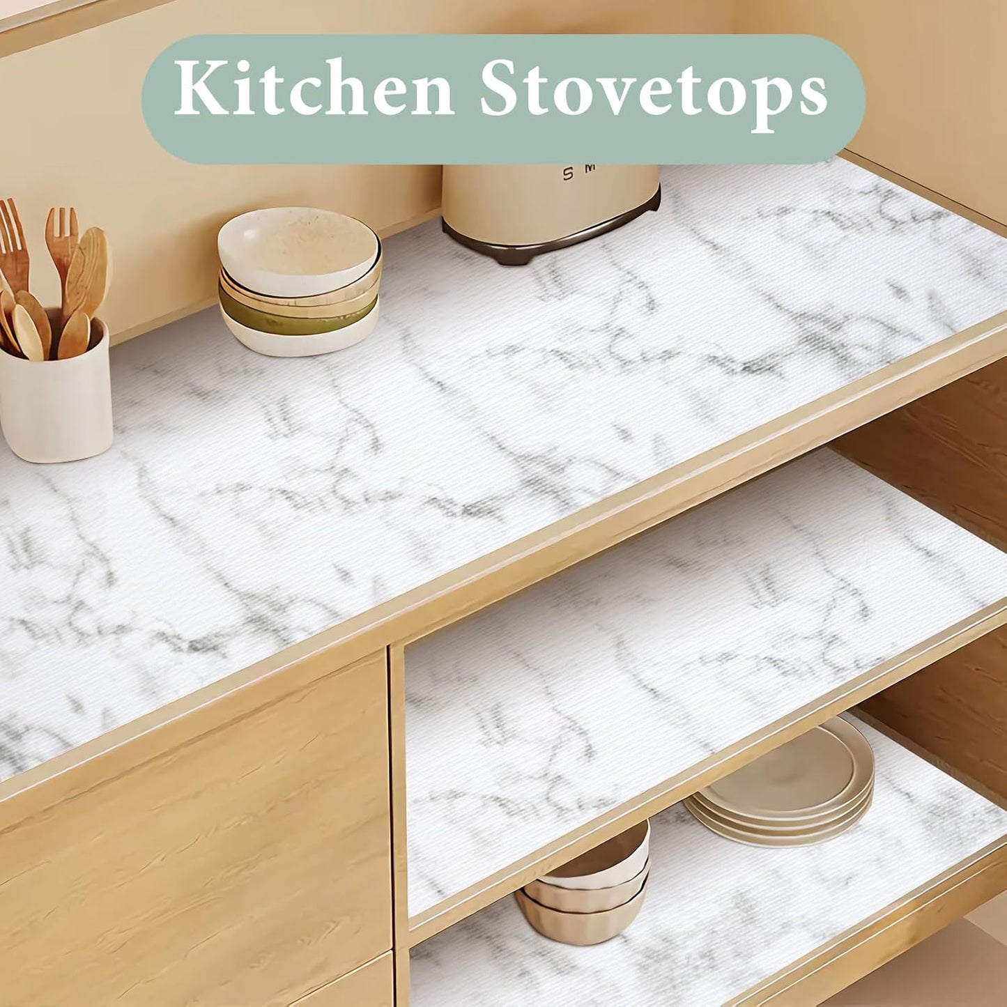 Drawer and Shelf Liner for Kitchen Cabinet: 17 in X 20 Ft Non Slip Waterproof Shelf Paper Non Adhesive Refrigerator Liners White Marble Easy Liners for Bathroom Cupboard with Knife Tape Measure