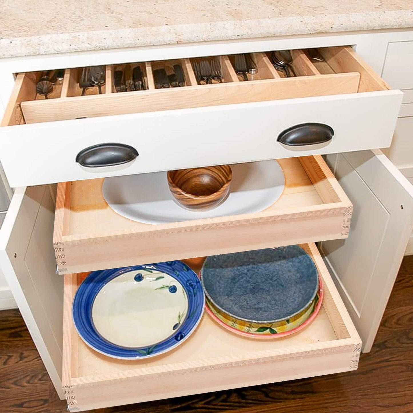 13”W x 21”D x 3”H Soft Close Slide Out Wood Drawer Organizer for Kitchen, (Cabinet Opening Width>14.5 inches for Bottom Assembly, Width= 14 inches for Side Assembly)