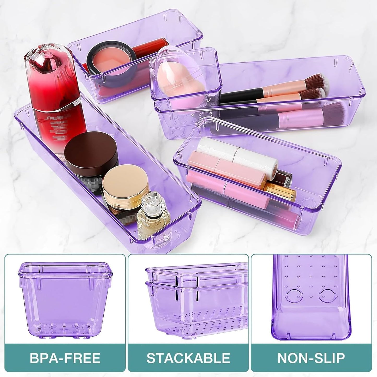 23 PCS Drawer Organizer Set, 5 Varied Size Bathroom and kitchen Drawer cabinet organizer Trays, Clear Storage Bins for Makeup, Jewelry, Utensils and Gadgets, Purple