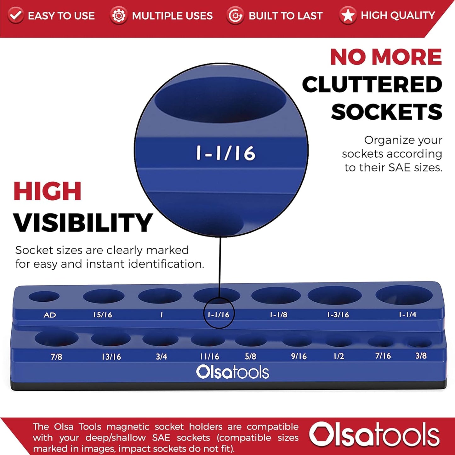 Olsa Tools Magnetic Socket Organizer | 1/2-inch Drive | SAE | Blue | Holds 16 Sockets | Professional Quality Tools Organizer