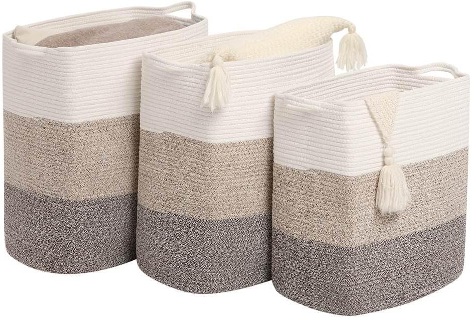 Tall Laundry Basket With Handles,Woven Cotton Rope Big Laundry Hamper Sorters,Versatile Storage for Dirty Clothes,Baby Toys,and Blankets in Bathroom, Nursery,and Living Room (Gradient Brown, 68L)
