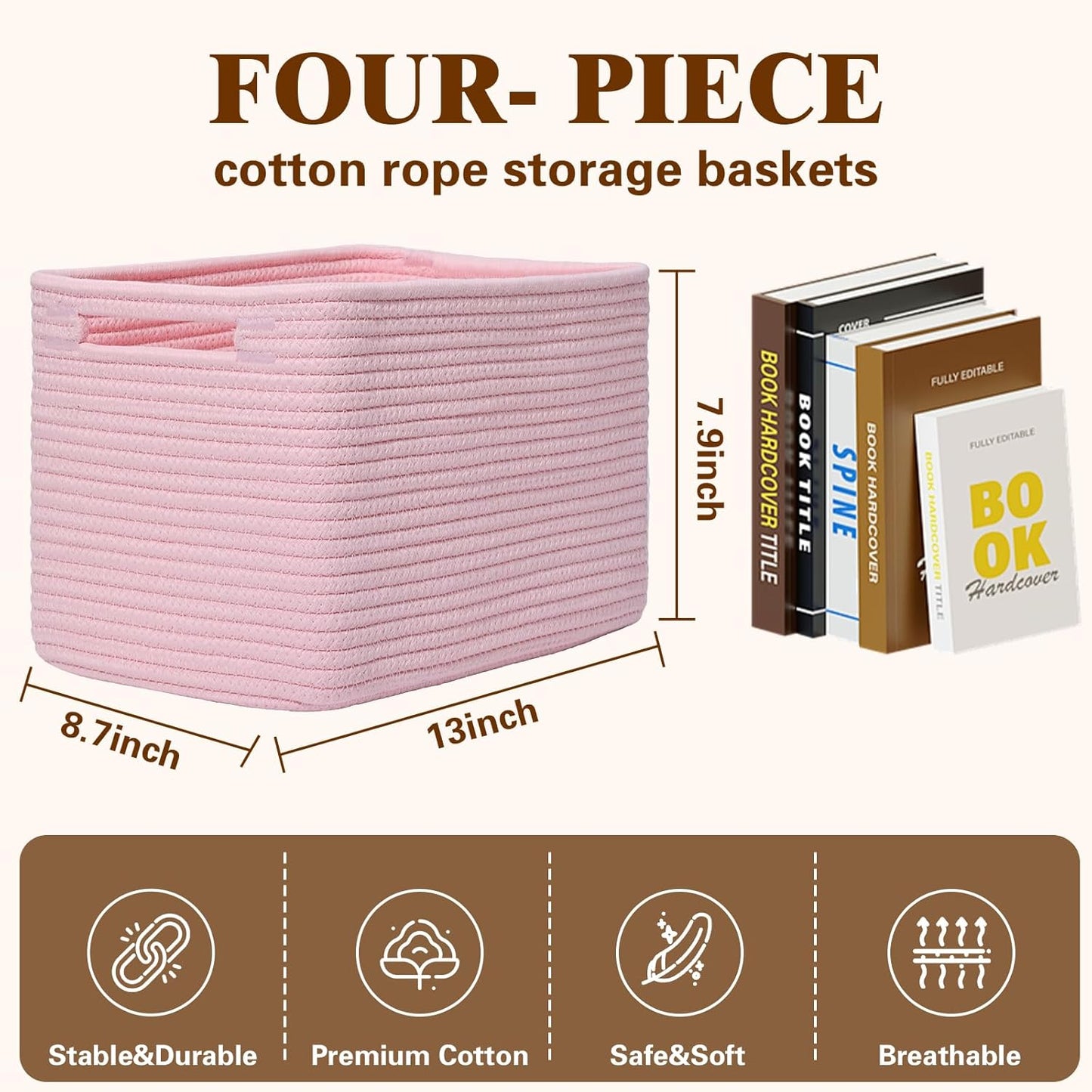 Storage Baskets for Organizing, 4 Pack Storage Baskets for Shelves, Woven Basket for Shelves, Closet Organization, Rectangle Organizer Basket Gifts Empty, 13"Lx8.7"Wx7.9"H Decorative Bins with Handles