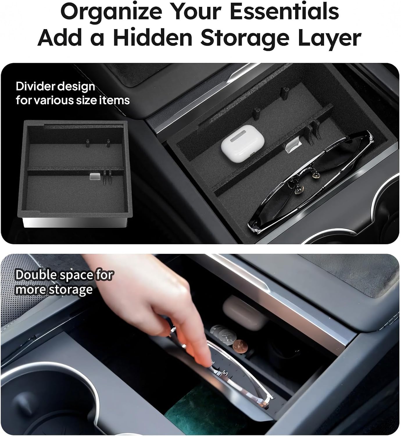 4PCS Upgraded Tesla Model Y Juniper (2025–2026) Accessories & Tesla Model 3 (2025 Highland) Accessories Center Console Organizer, Hidden Storage Box, Cup Holder, and Armrest Drawer Organizer