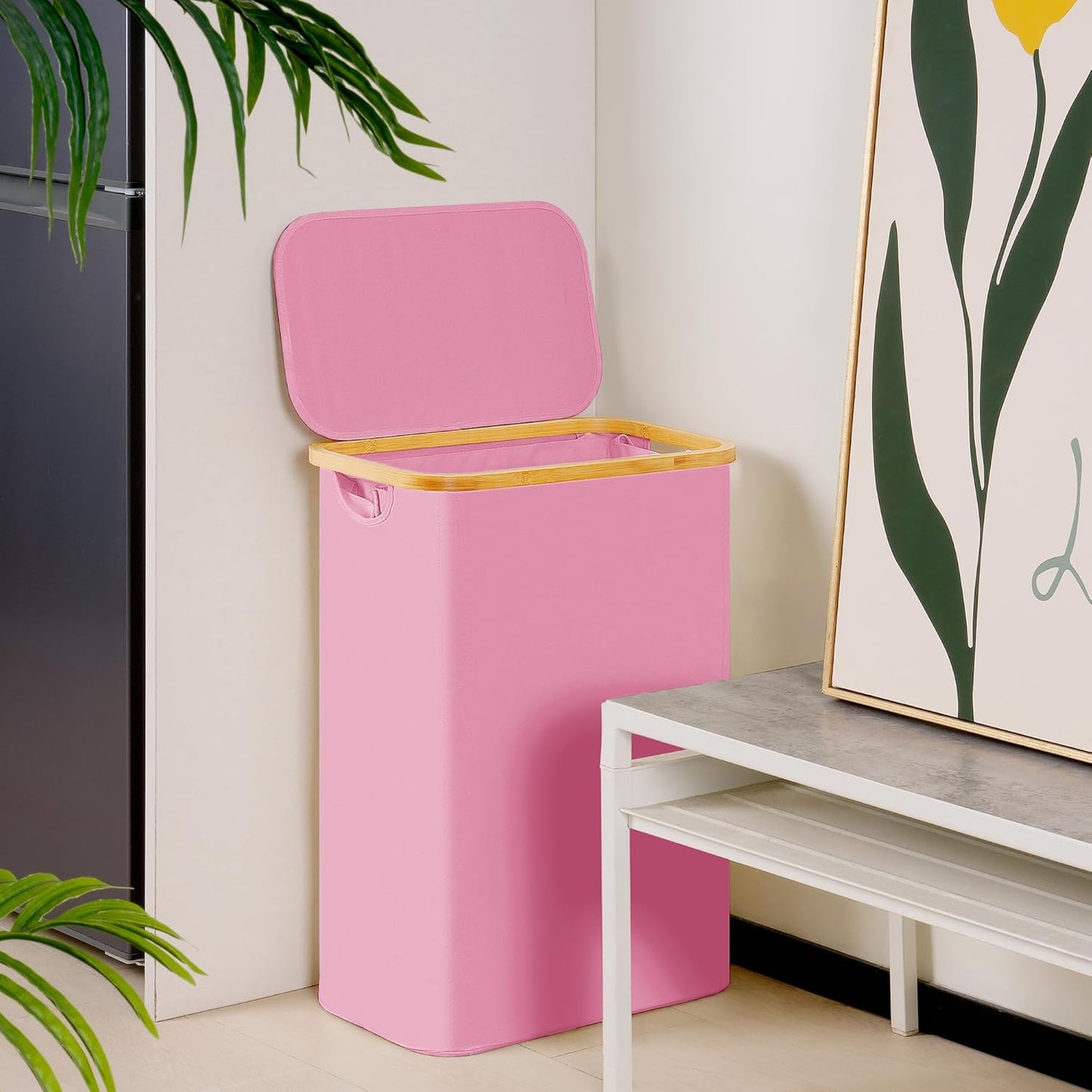 efluky Slim Laundry Basket with Lid, Narrow Laundry Hamper with Removable Bag, Skinny Dirty Clothes Basket with Bamboo Handles for Bathroom, Bedroom & Laundry Room, 65L Pink