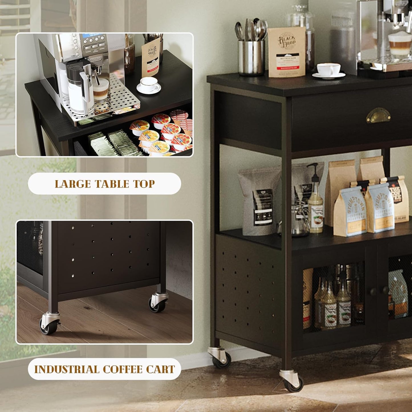 Catrimown Coffee Cart Station with Storage Drawer, Small Microwave Stand with Storage Cabinet, Coffee Stand Station, Rolling Island Cart for Living Room, Dining Room, Kitchen, Black