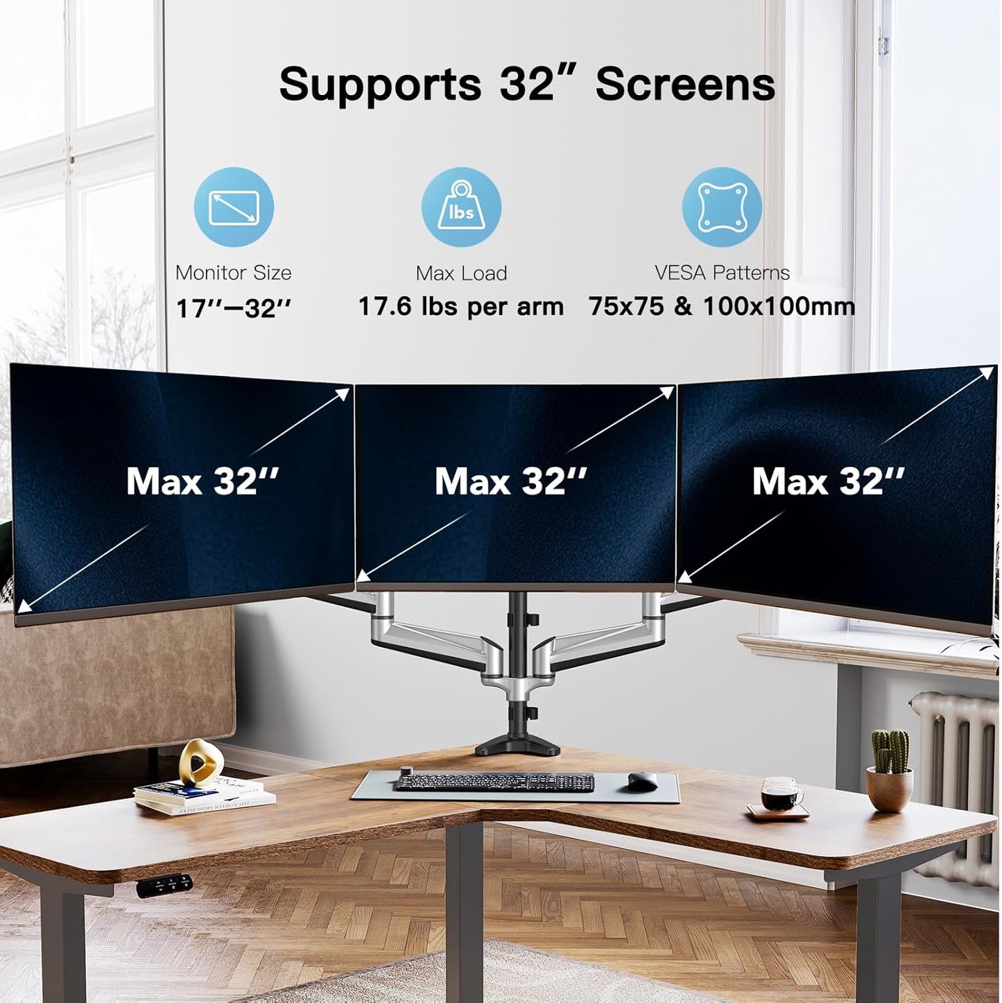 HUANUO Triple Monitor Stand - Full Motion Articulating Monitor Mount Fit Three 17 to 32 inch Flat/Curved LCD Computer Screens with Clamp, Grommet Kit, Silver