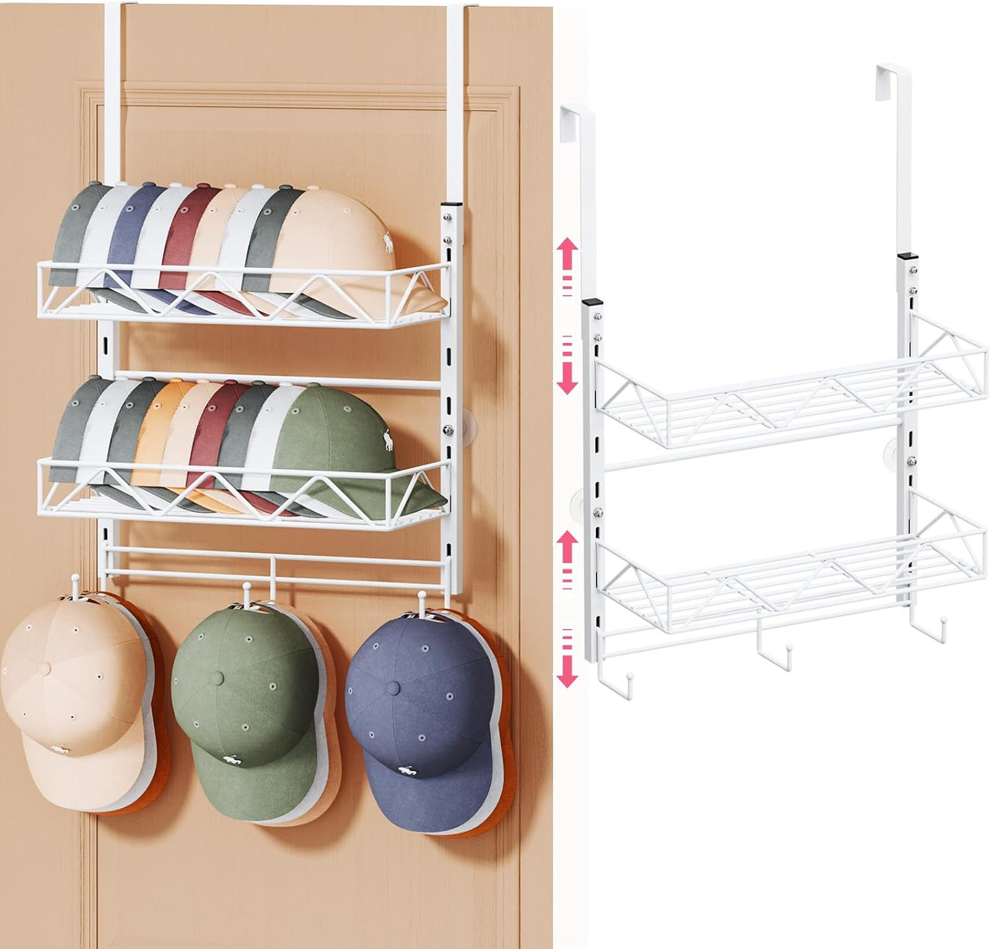 SWTYMIKI Over Door Hat Organizer - 3 Tier Wall Mounted Hat Rack with 2 Adjustable Metal Basket and 3 Hooks, Hanging Baseball Cap Organizer Storage Holds up to 29 Caps for Door, Bedroom, Closet