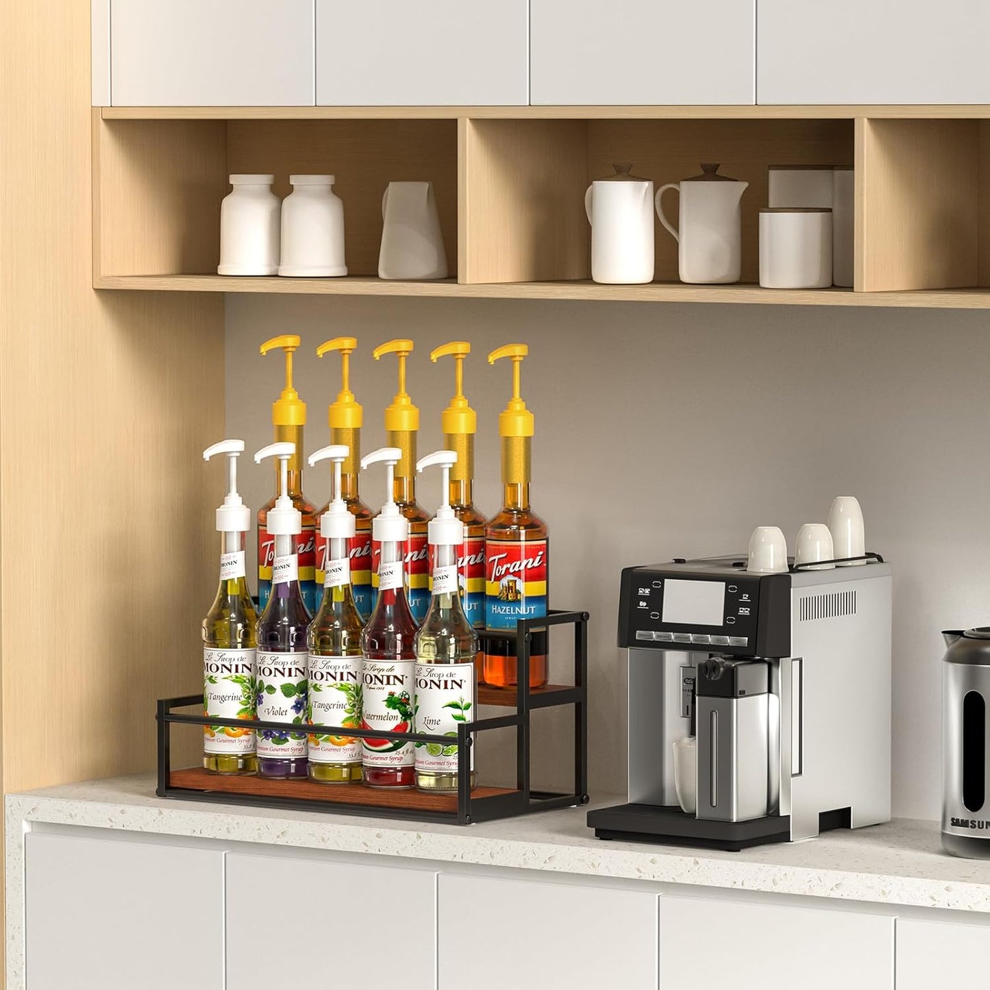THYGIFTREE Coffee Syrup Rack Organizer 2-Tier 10 Syrup Bottles Holder Stand for Coffee Bar Storage Shelves for Syrup, Wine, Dressing for Kitchen Coffee Station