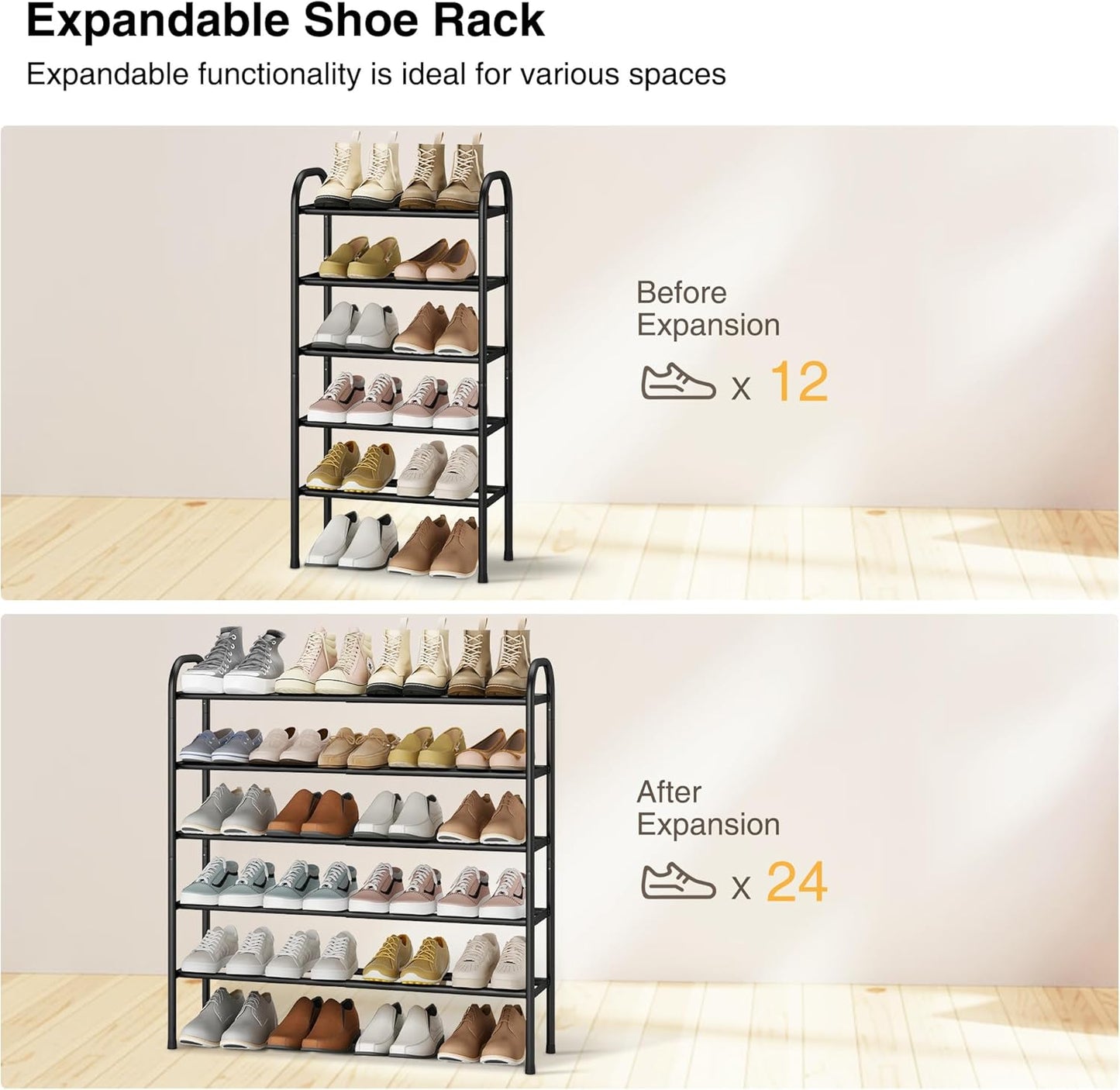 STO STO Expandable Shoe Rack, 5-Tier Metal Shoe Rack for Closet, Up to 24 Pairs Adjustable Shoe Rack Storage for Front Door Entrance, Free Standing Shoe Rack Organizer for Entryway, Black