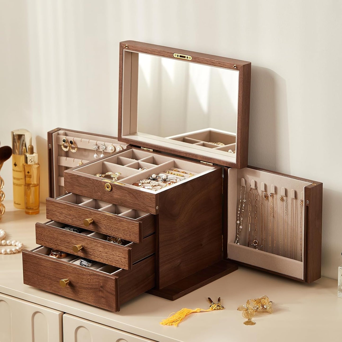Black Walnut Wooden Jewelry Box, Wood Jewelry Organizer with 2 Side Doors Mirror Lockable Classical Style for Watch Necklace Ring Earring Storage Christmas Gifts-4 Layer