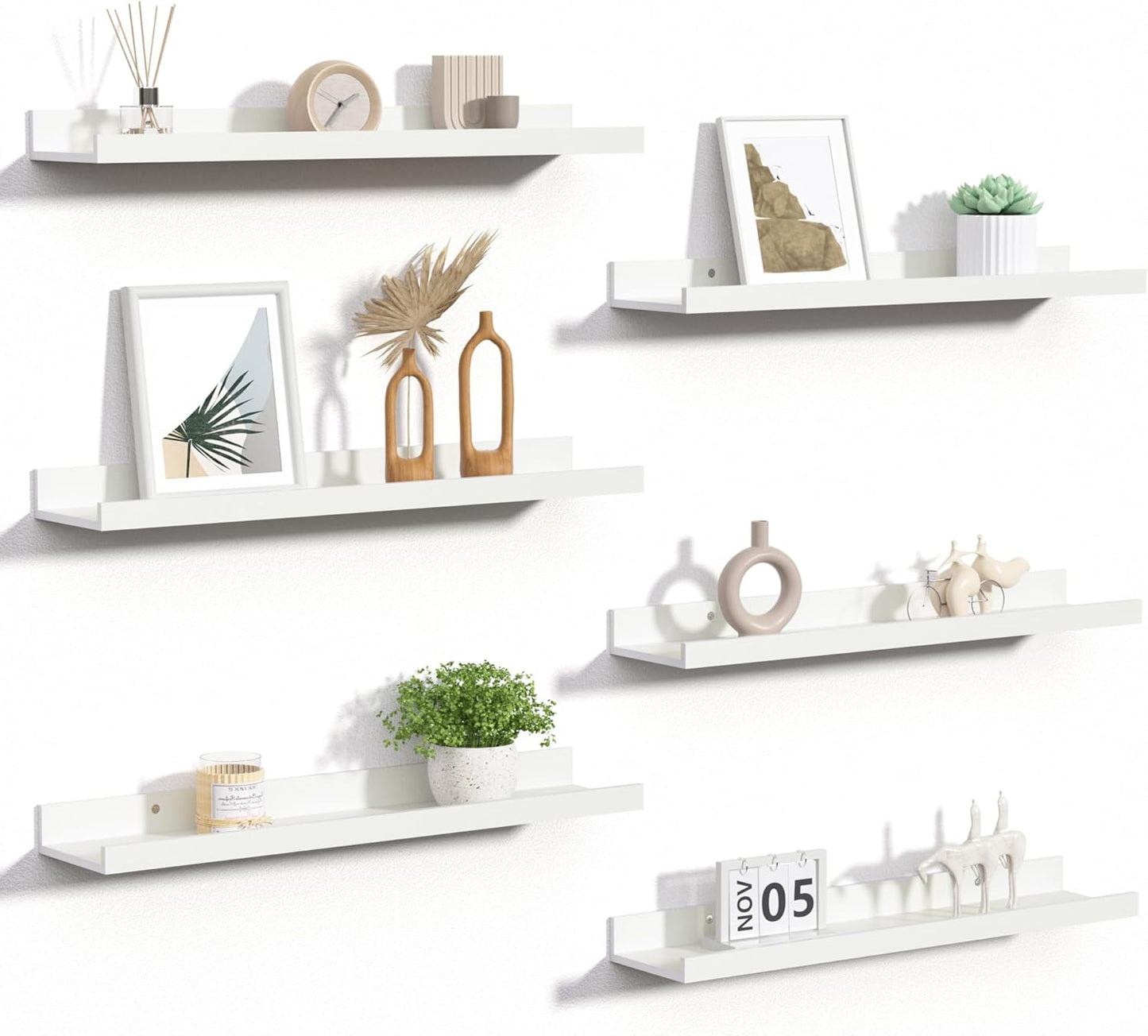 upsimples Floating Shelves for Wall, 23.6 Inch Shelves for Decor Storage Set of 6, Wall Mounted Wood Shelf for Bedroom, Living Room, Bathroom, Kitchen, Long Picture Ledge Shelves, White