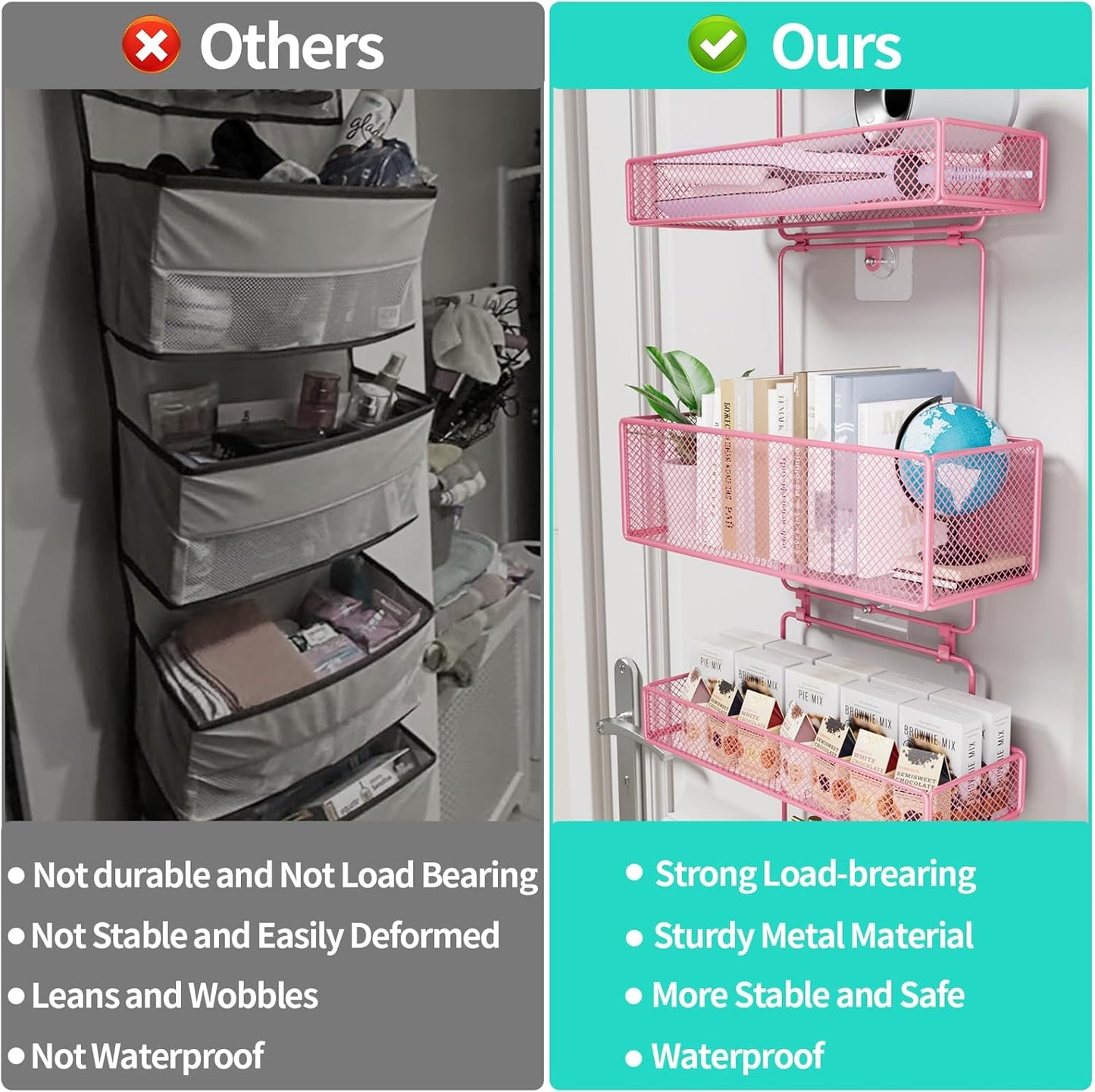 HapiRm Over Door Organizer Storage - Separable Door Organizer Hanging with 6 Metal Large Capacity Baskets for Bathroom Bedroom Kitchen Pantry Closet (Pink)