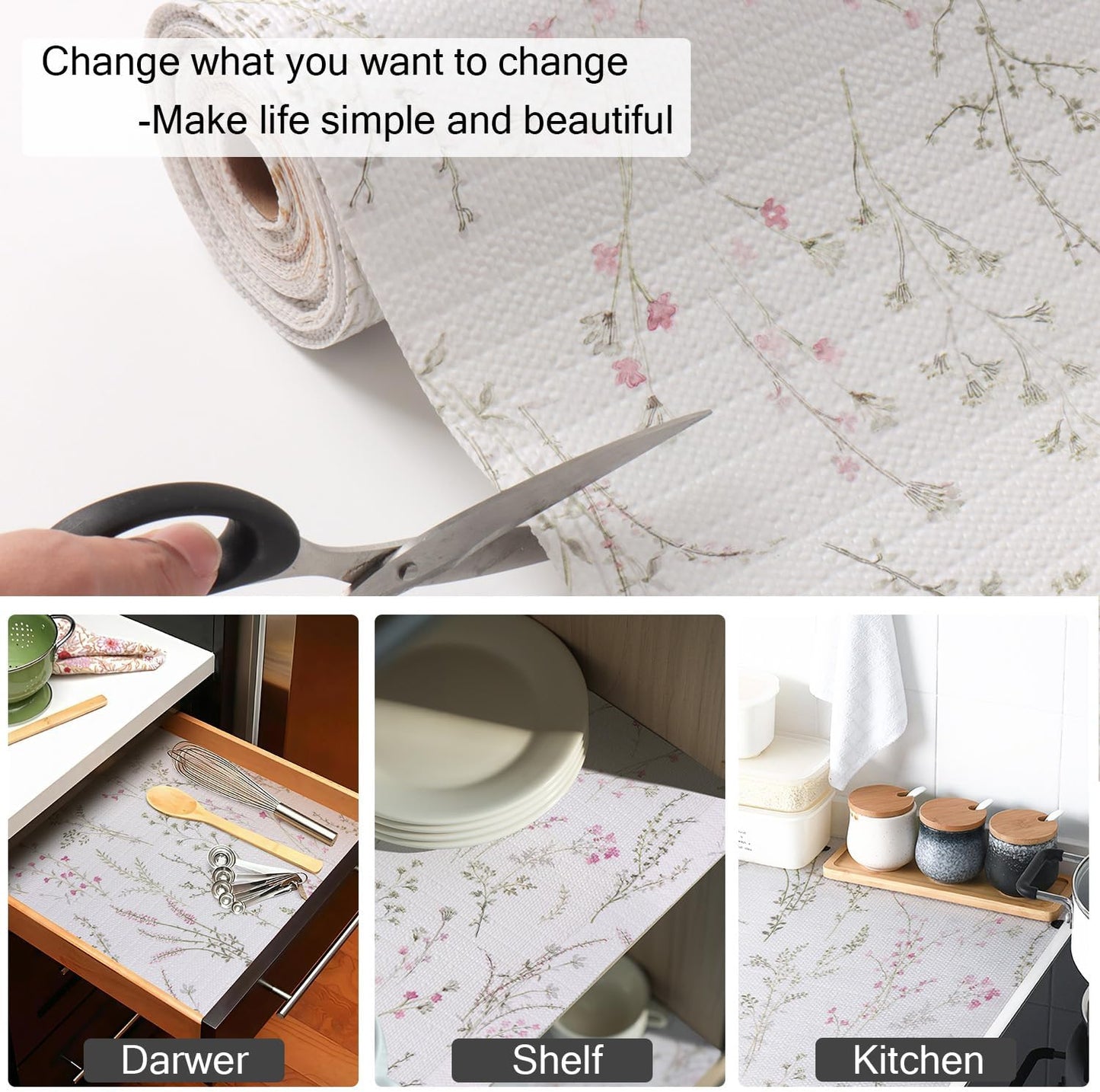 Floral Drawer and Shelf Liner for Cabinets 16IN x 20FT, Non-Adhesive and Strong Non-Slip Flower Shelf Cabinet Drawer Liners for Kitchen,Table,Bookshelves,Waterproof Cupboard Liner
