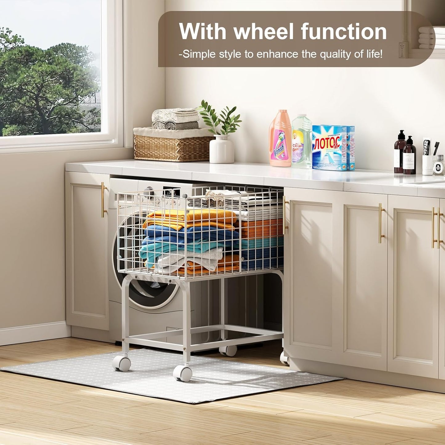 Wire Laundry Hamper Cart,80L Laundry Hamper Trolley with Pull Handle,White High Laundry Basket Cart for Laundry Room,Bathroom,Bedroom-White（23.6 * 15.75 * 28inch）