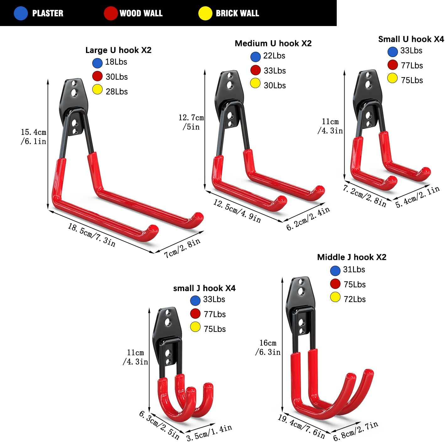 3-H Garage Wall Hooks 14 Pack,Garage Hooks Heavy Duty with Extra Welding Spots,Garage Hooks for Hanging,Garage Organizer for Garden,Lawn,Yard Tools,Chairs,Ladders,WeedEater,Shovel,Blower(Red)
