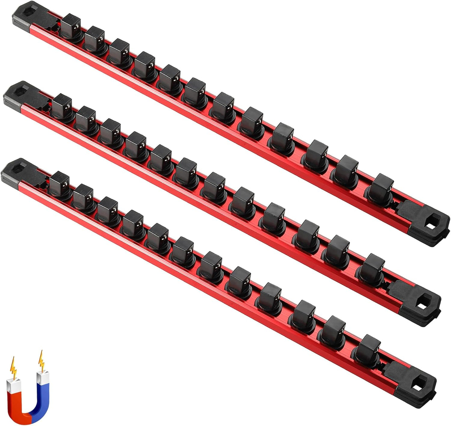 ALOANES 3-Piece Magnetic Socket Organizer, Heavy Duty Aluminum Socket Rails Organizer, 360° Swivel Clips Socket Holder Kit for Tool Box, 1/2-Inch Socket Holder x 36 Clips (Red)