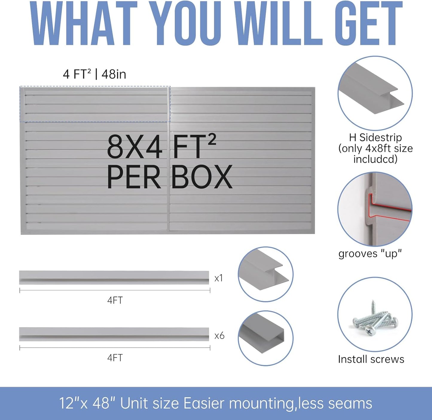 Slatwall Panels Garage Slat Wall Storage Systems 4'x 8', Slat Wall Paneling Garage Wall Organizer, Grey Slat Board PVC Wall Panels Slatwall Displays Garage Tool Organizer Wall Mount Ladder Bike Rack