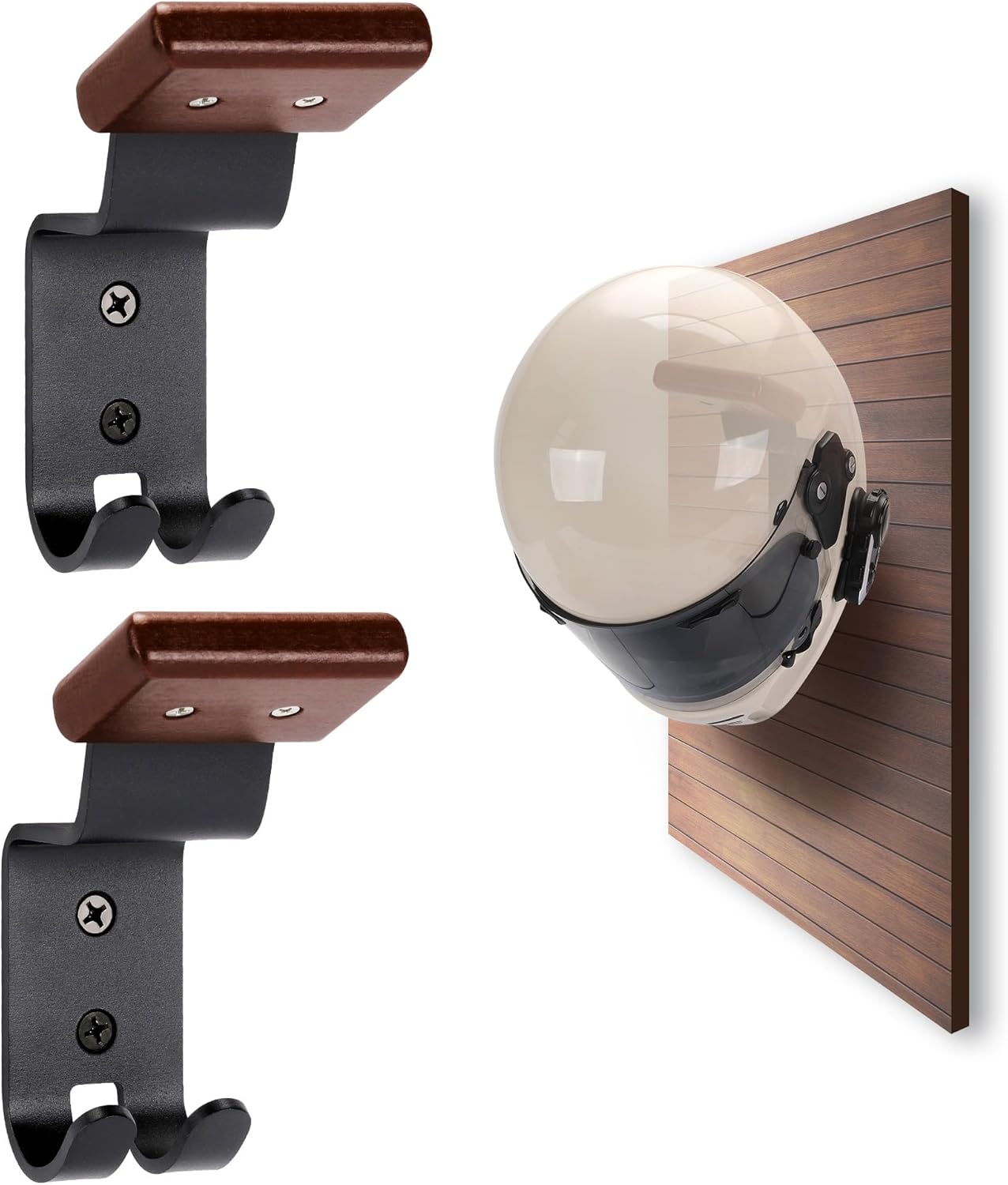 Motorcycle Helmet Holder Wall Mount - Solid Wood & Steel Gear Organizer Rack with 2 Hooks, Heavy Duty Display Hanger for Helmets, Football Gear, Ski Equipment, Hats, Jackets - 2 Pcs