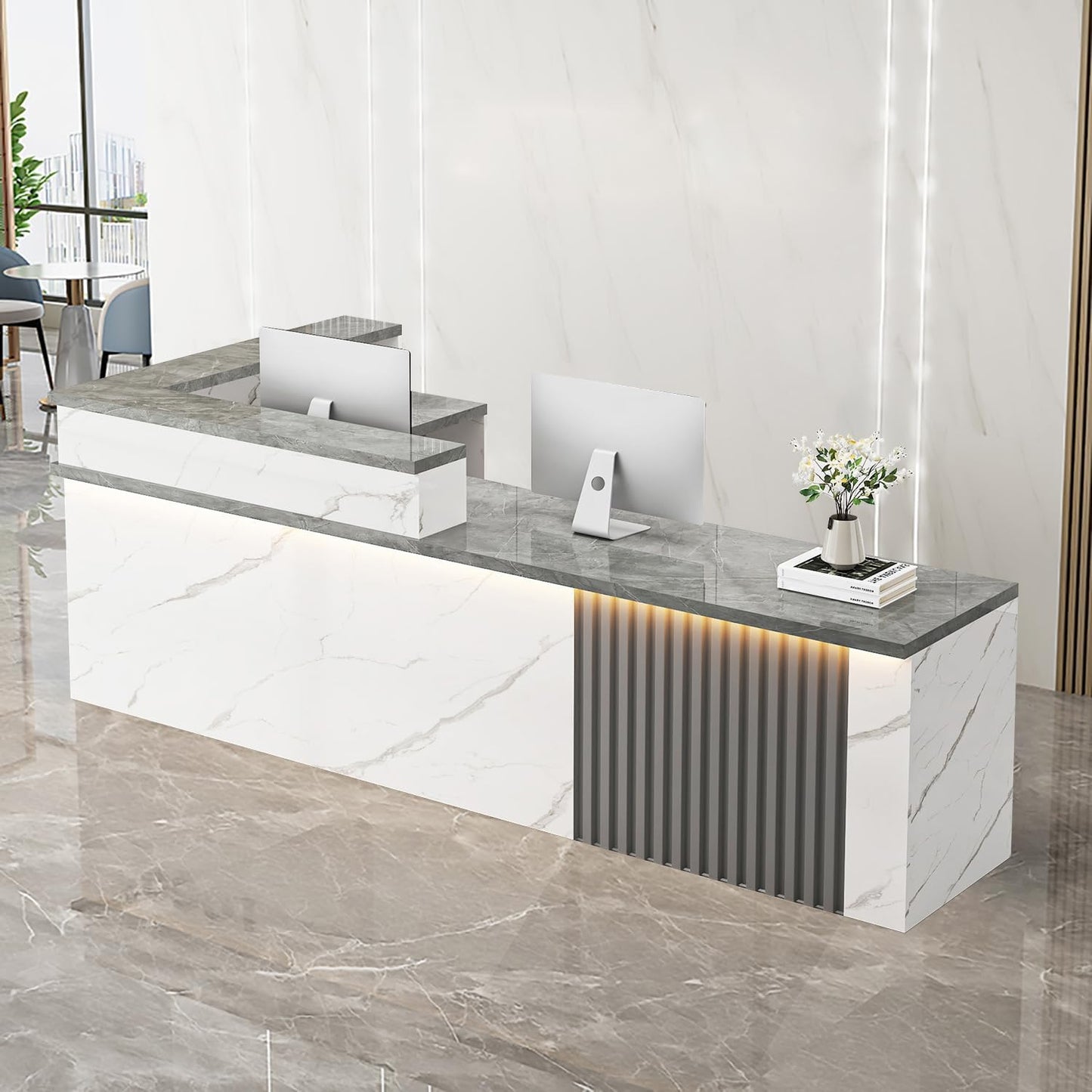 Receptionist Desk with LED Light，Wooden Salon Checkout Counter with Storage Drawer & Keyboard Tray Modern L-Shaped Reception Desk for Barbershop Office Company Store