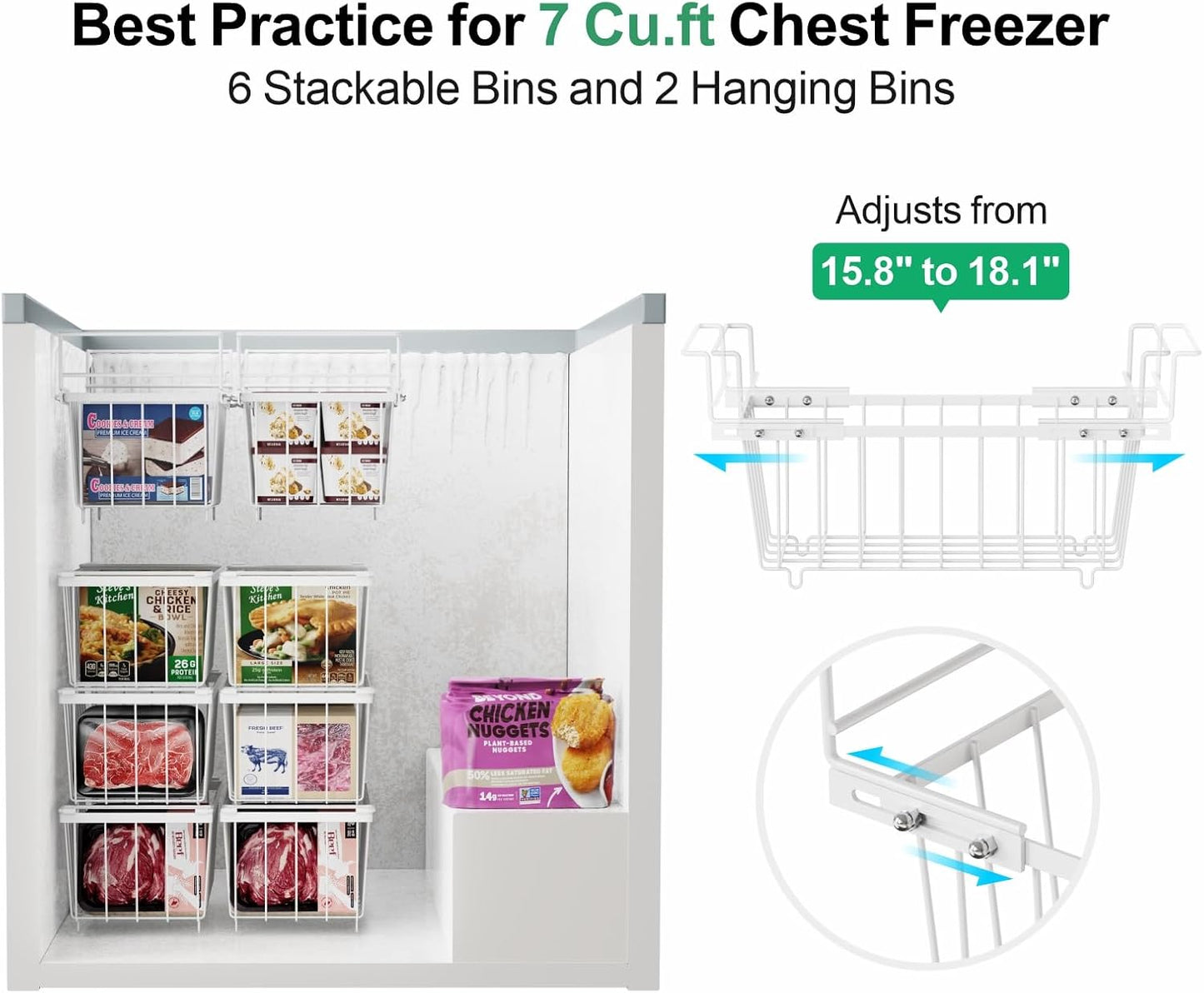 iSPECLE Deep Freezer Organizer Bins - 15.8~18.1 Inch Freezer Baskets for Chest Freezer, 7 Cu.Ft Chest Freezer Organizer Bins, 2 Small Expandable Hanging Baskets and 4 Stackable Bins, 6 Pack, White