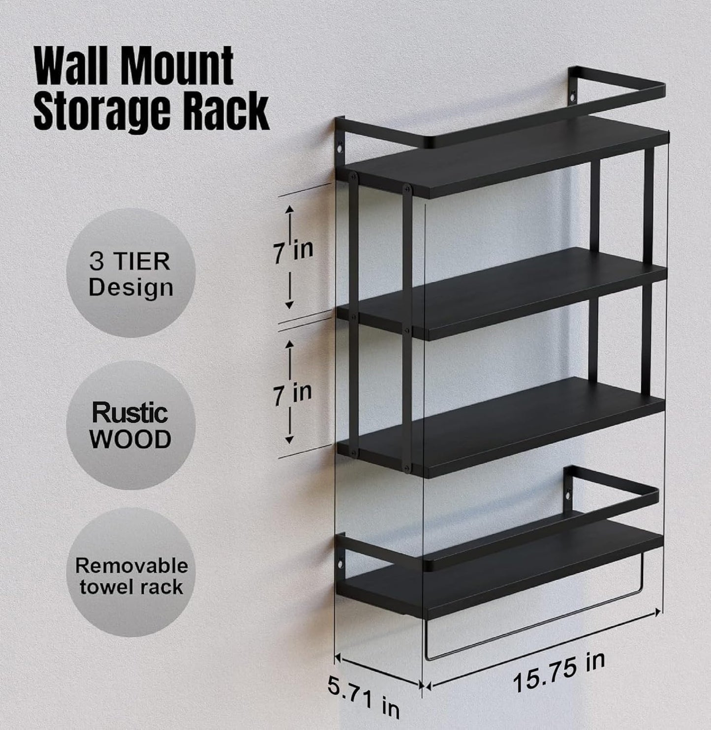 RICHER HOUSE 3+1 Tier Wall Mounted Floating Shelves Set of 2, Rustic Wood Wall Shelf with Metal Frame, Extra Storage Rack for Bathroom, Kitchen, Bedroom with Tissue Rack & Towel Bar - Black