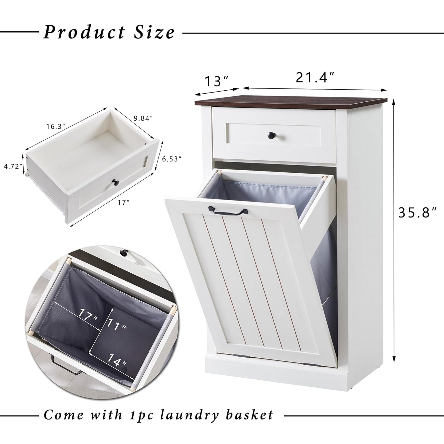 Tilt Out Trash Can Cabinet, 10 Gallon Farmhouse Laundry Hamper Cabinet with Drawer, Hidden Wooden Trash Garbage Can Bin with Storage Basket for Kitchen, Living Room (Antique White)