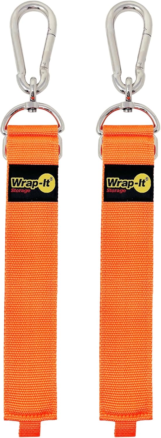 Wrap-It Storage Hook 'n Hang Straps - 32" Blaze Orange - 2-Pack Carabiner Straps for Cord Storage or Garden Hose