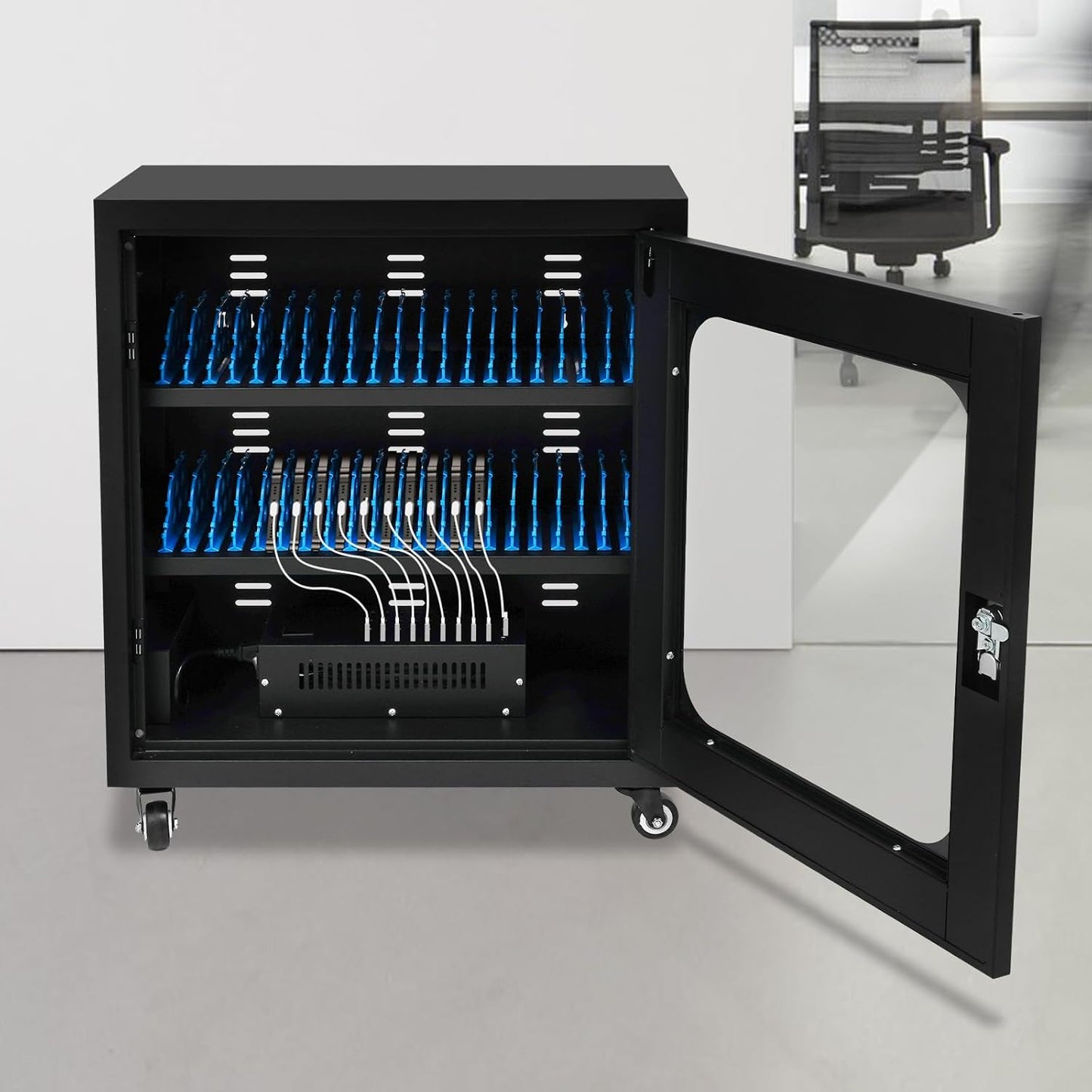 Mobile Phone Charging Cabinet 40-Port Charge Station with 4 Universal Wheels (2 Brakes) & Visible Door 40 Device Charging Cart Mobile Charge Station for Cell Phones Less Than 8'' In Size(Black)