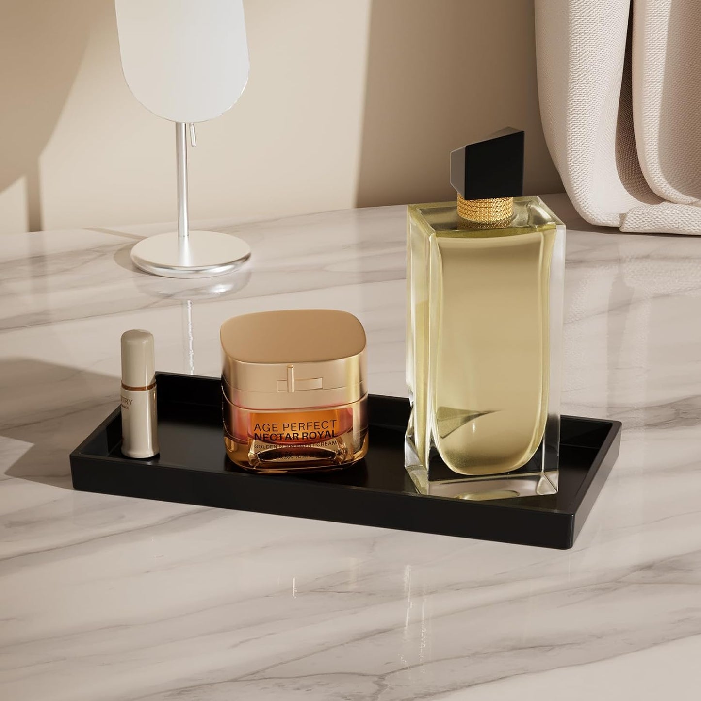 Vanity and Bathroom Tray, 9.8" ABS Countertop Organizer,Waterproof Vanity Tray for Toilet Tank,Perfume,Soap,Keys,Bathroom Accessories,Kitchen and Bath Trays,Non Slip Small Trays,Black