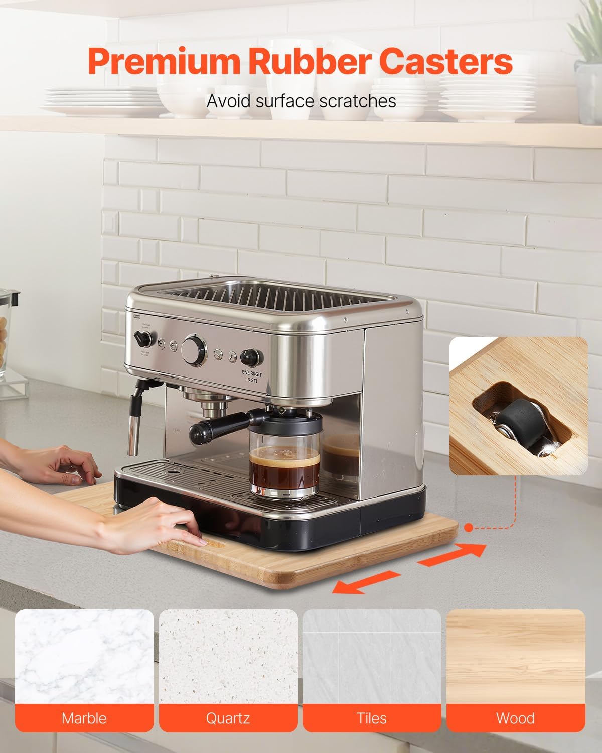 VEVOR Appliance Slider, Medium 10.5 x 13-inch, Rolling Sliding Tray with Rubber Wheels & Hollow Handle, Easy to Clean, Appliance Rolling Tray for Coffee Maker, Kitchen Countertop, Natural Wood