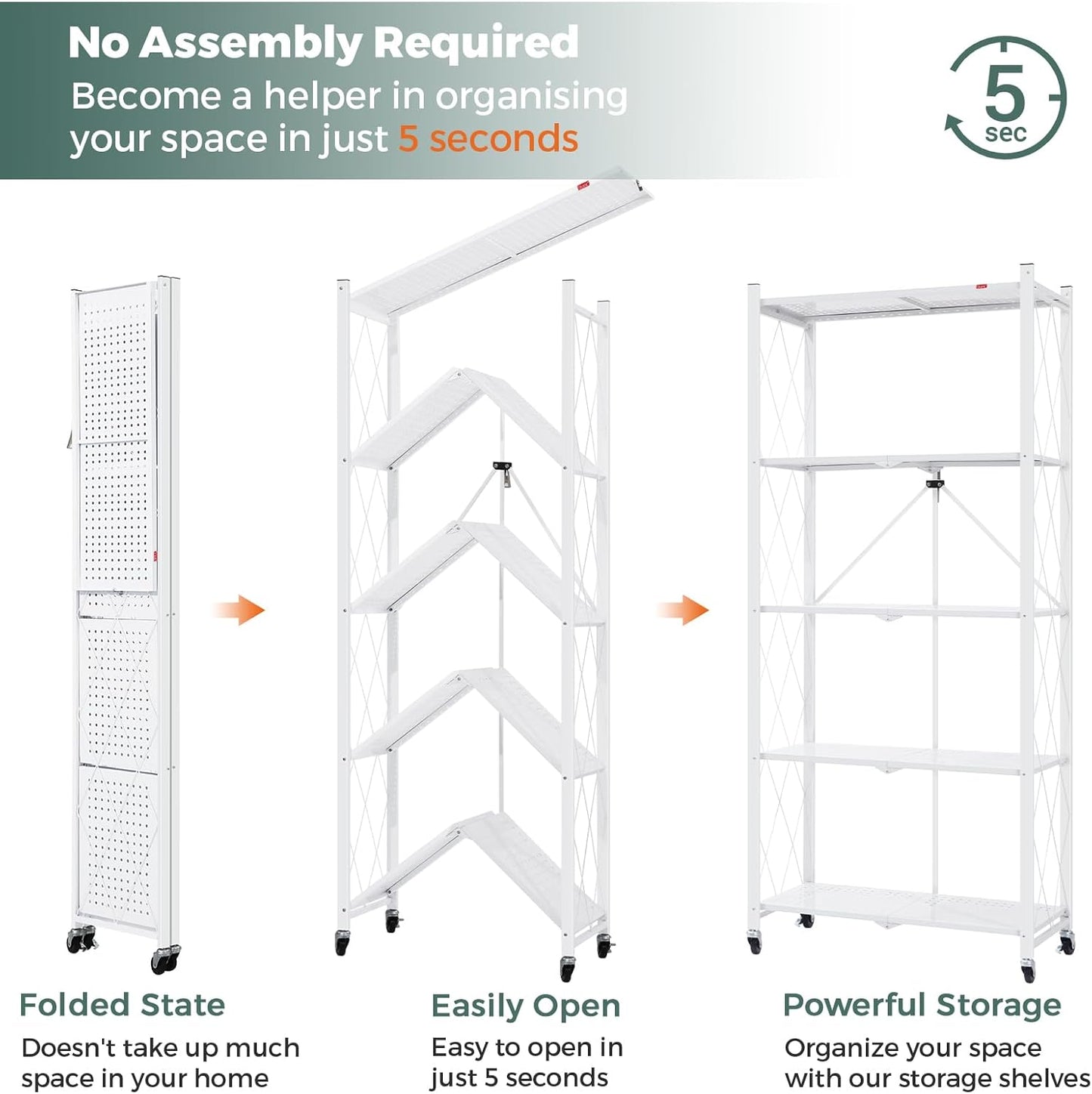 DEANIC 5 Tier Foldable Storage Shelves with Wheels, Large Capacity Shelving Unit, Freestanding Metal Wire Shelf Rack, No Assembly Organizer Rack for Garage Kitchen, Basement, Pantry(White Pack of 4)
