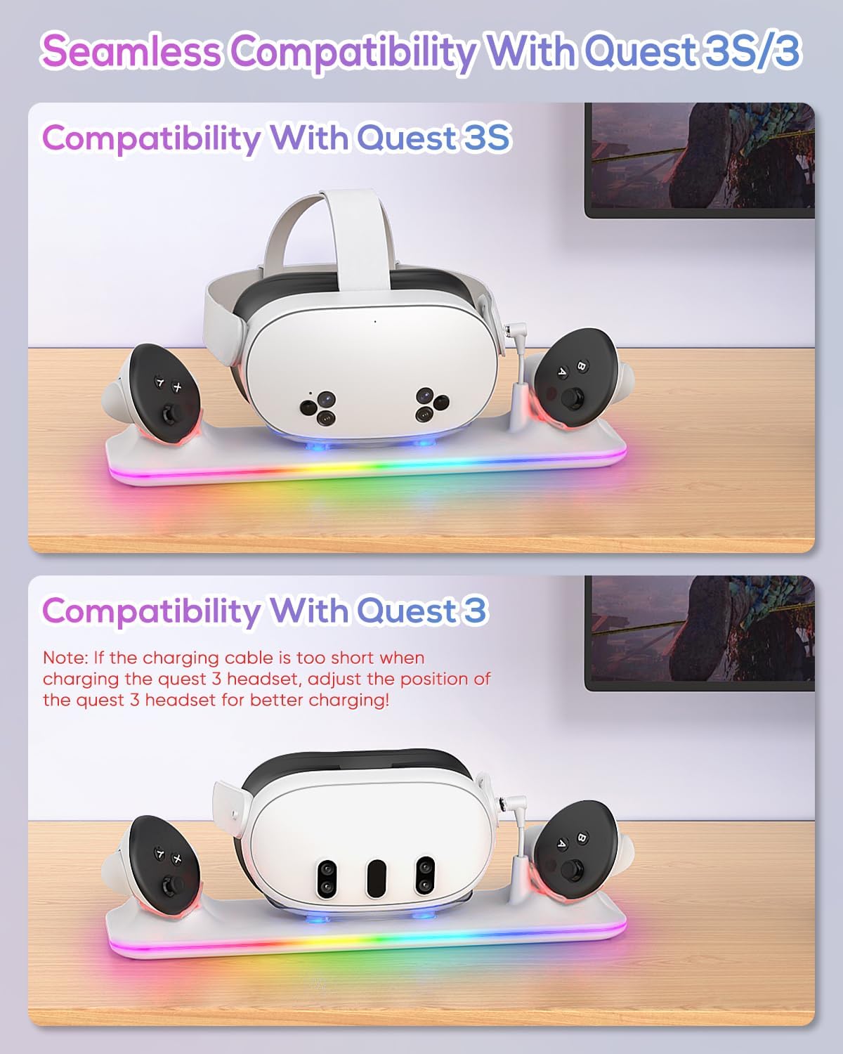 Charging Dock for Meta Quest 3S/Quest 3, Kinwin PD 18W Fast Charging Station for Oculus 3S Accessories with RGB Light, Magnetic Charger Stand for Headset/Controller with 2 Rechargeable Batteries