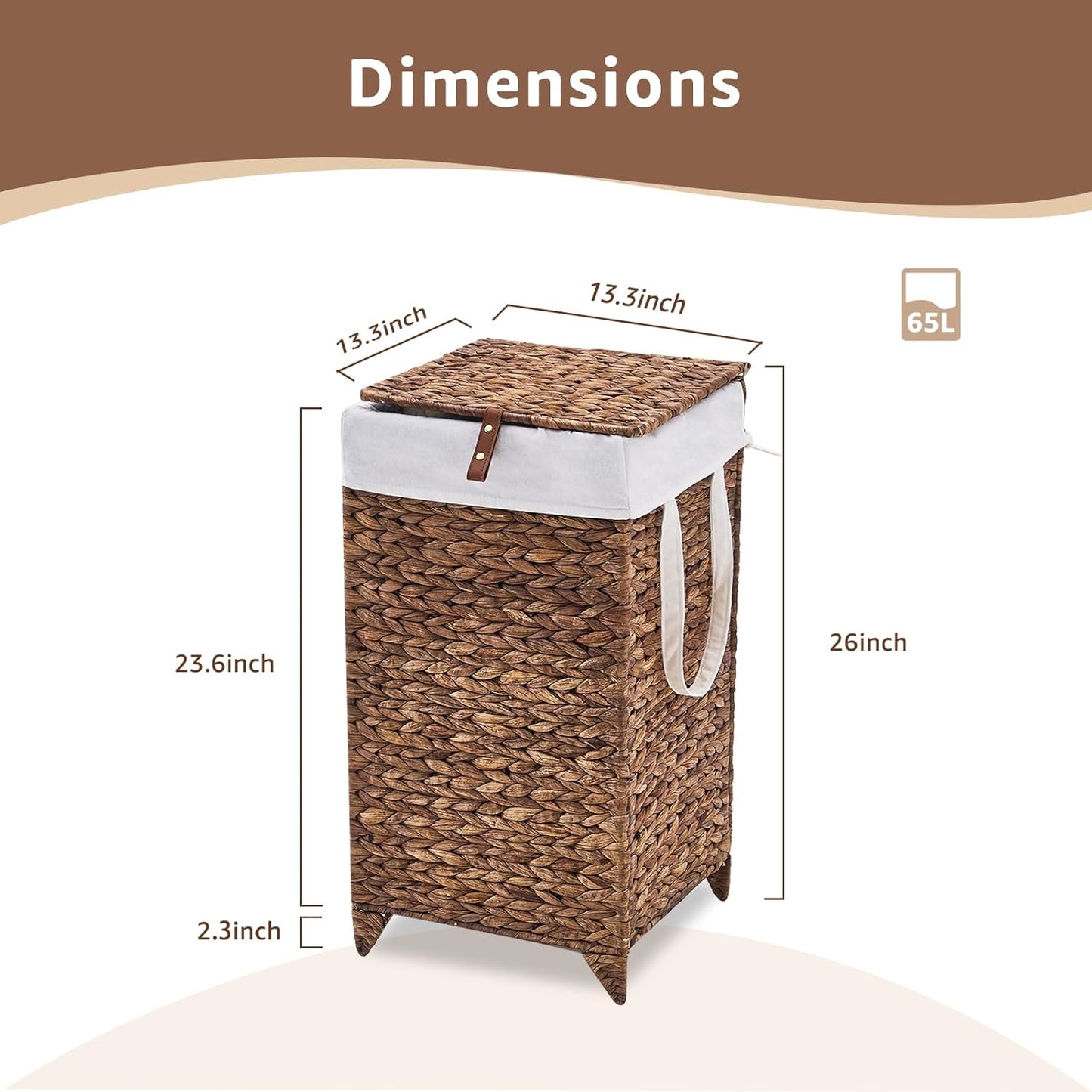 Laundry Hamper with Lid and Removable Liner Bag, Handwoven Natural Hyacinth Clothes Hamper with Heightened Feet, Wicker Laundry Basket for Clothes and Towels，Small