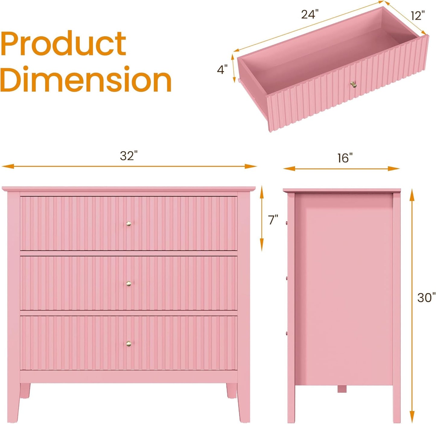 RoyalCraft Fluted 32 inch Wide Nightstand for Bedroom, Large Pink Nightstand with 3 Drawer, Modern End Table, Wood Beside Table for Home and Office