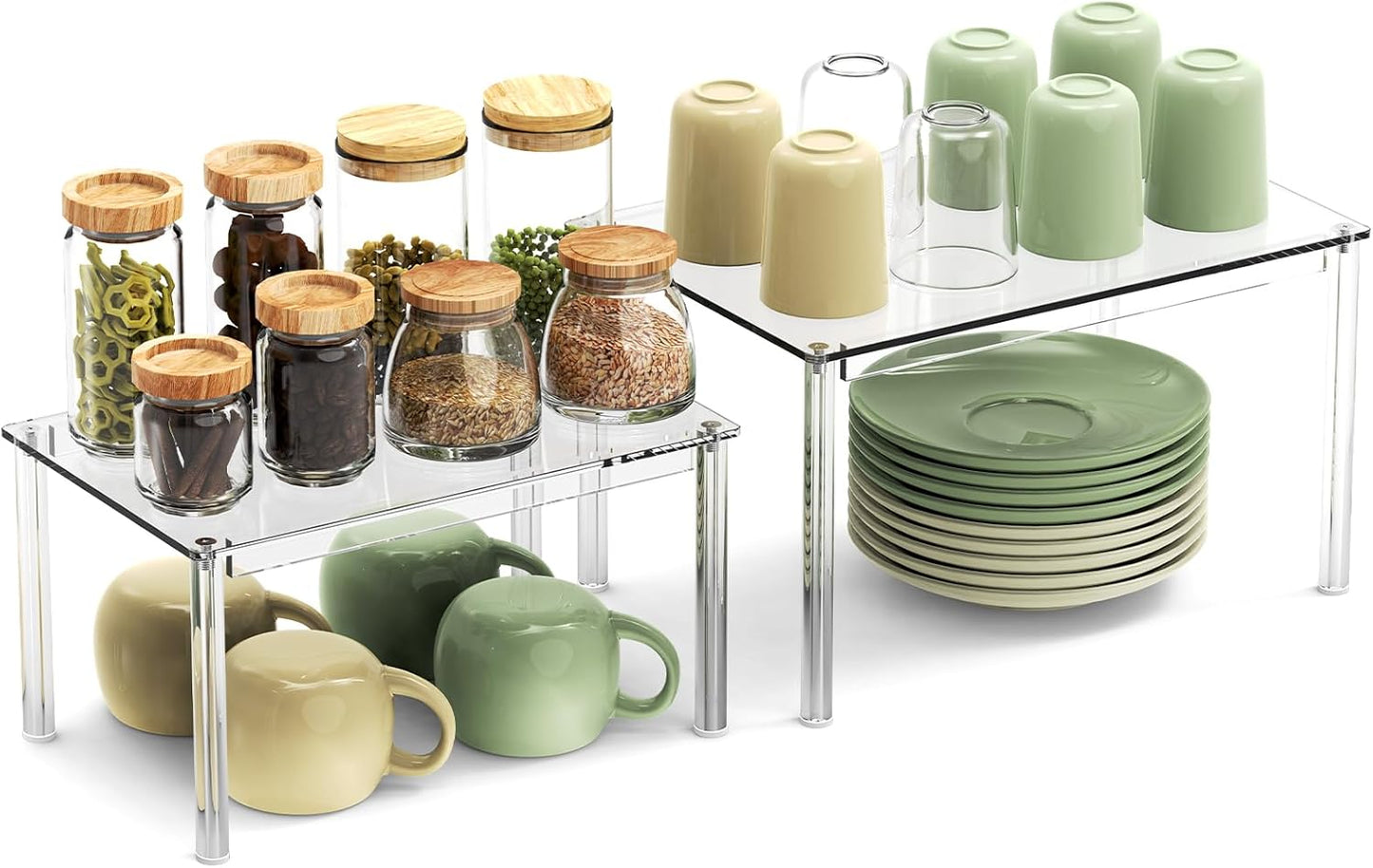 2Pack Acrylic Cabinet Organizer, Clear Cabinet Organizer Shelf, Spice Rack Organizer for Cabinet for Dishes, Spices, Soda Cans and Bottles, Stackable Shelves House Essentials for Gift