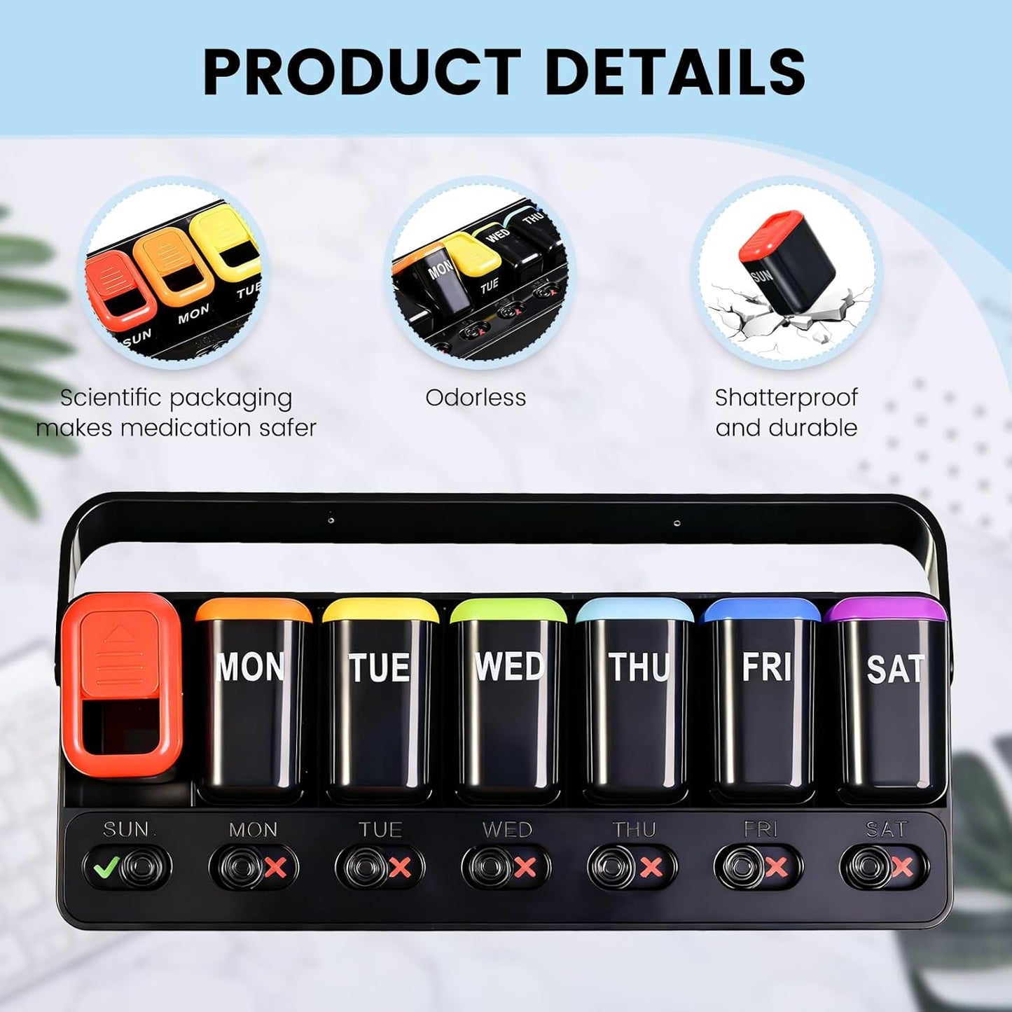 Pill Organizer Easy-Slide Lid, Removable 7 Day 1 Time a Day Pill Box, Large Travel Pill Case, Week Once Daily Medication Dispenser, Pill Container Holder for Supplement, Vitamin, Black