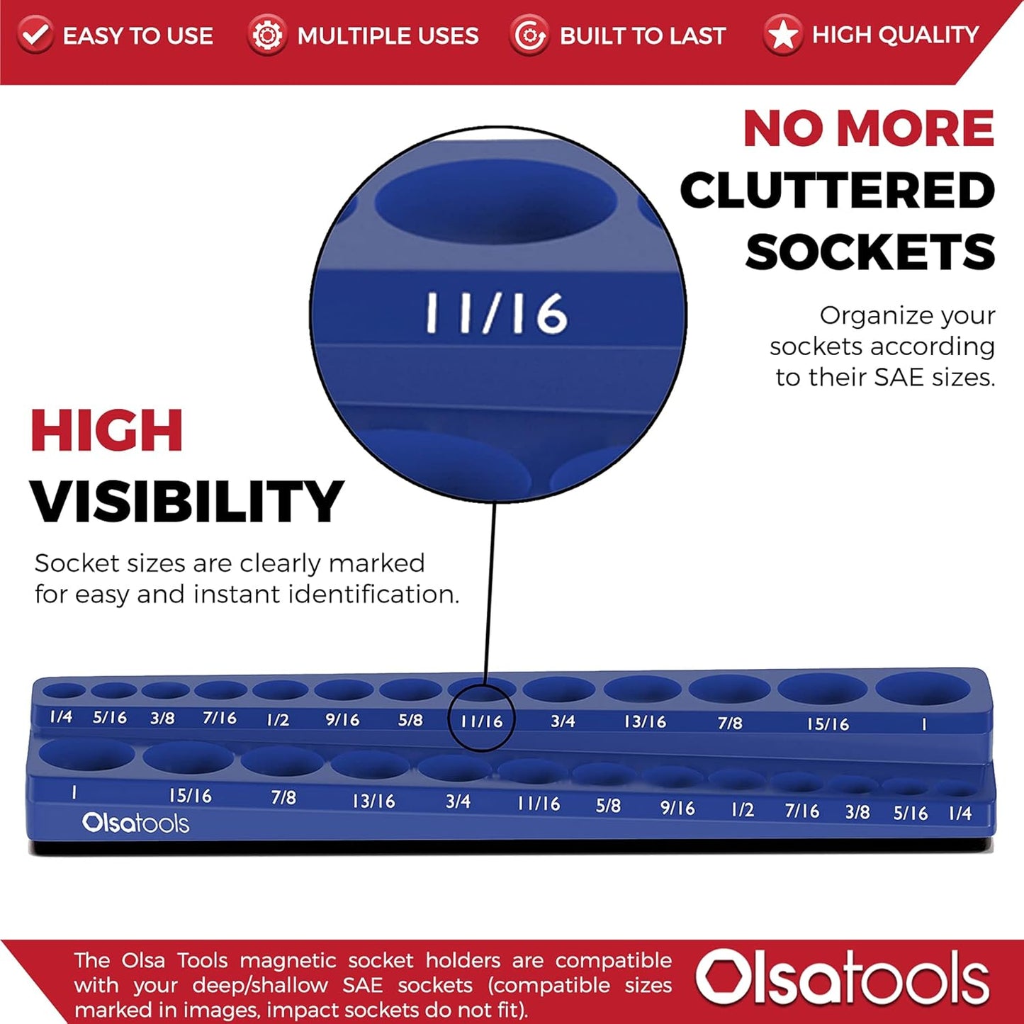 Olsa Tools Magnetic Socket Organizer | 3/8-inch Drive | SAE Blue | Holds 26 Sockets | Professional Quality Tools Organizer