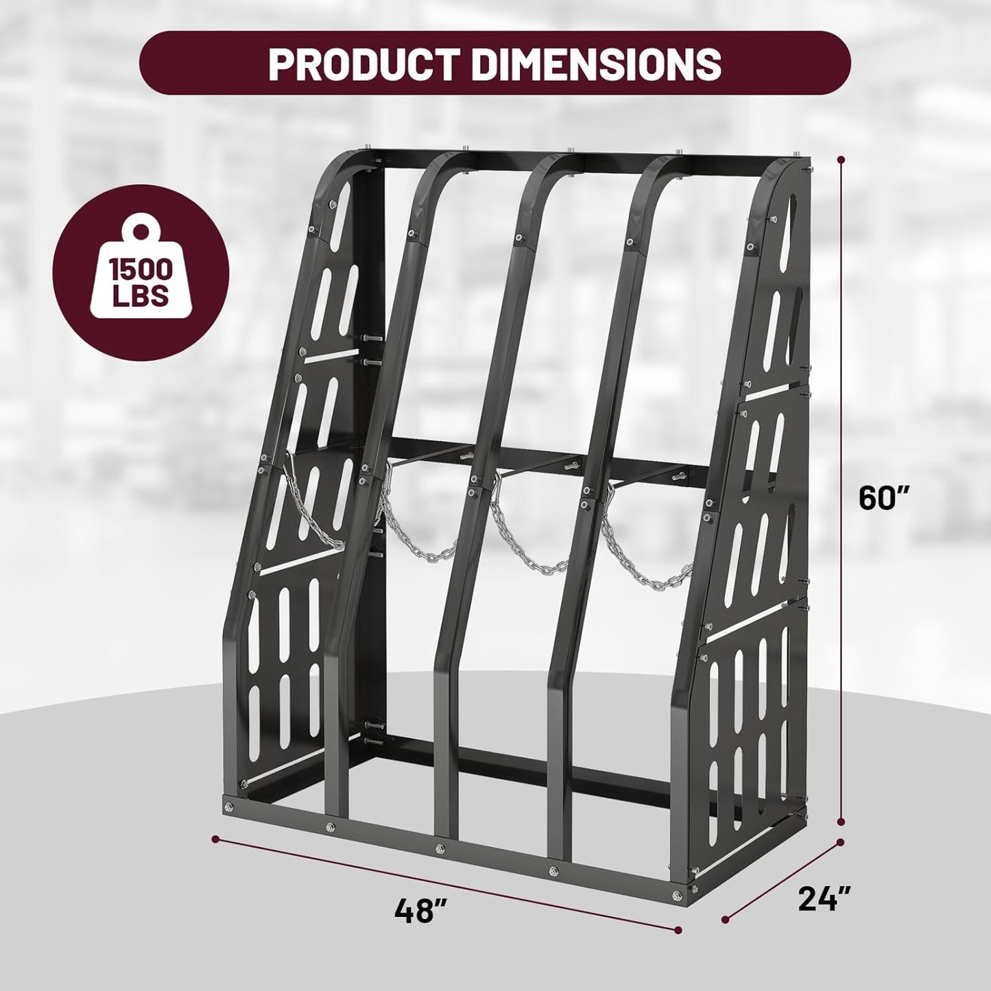 Vertical Long Parts Storage Rack, 1,500 lb Capacity, 4-Bay Black Steel Bar/Lumber Rack with Safety Chain, 48" W x 24" D x 60" H for Garage/Workshop/Factory