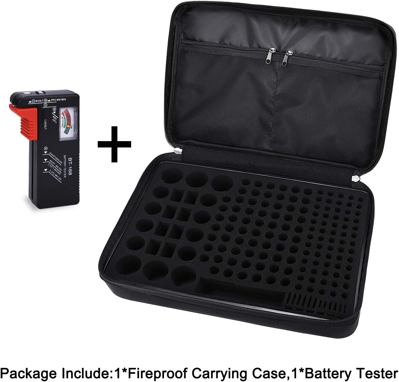 Fireproof Battery Organizer Storage Case Waterproof & Explosionproof, Safe Bag Fits 210+ Batteries Case - with Tester BT-168, Carrying Container Bag Energy Batteries AA AAA C D 9V Lithium 3V Holder