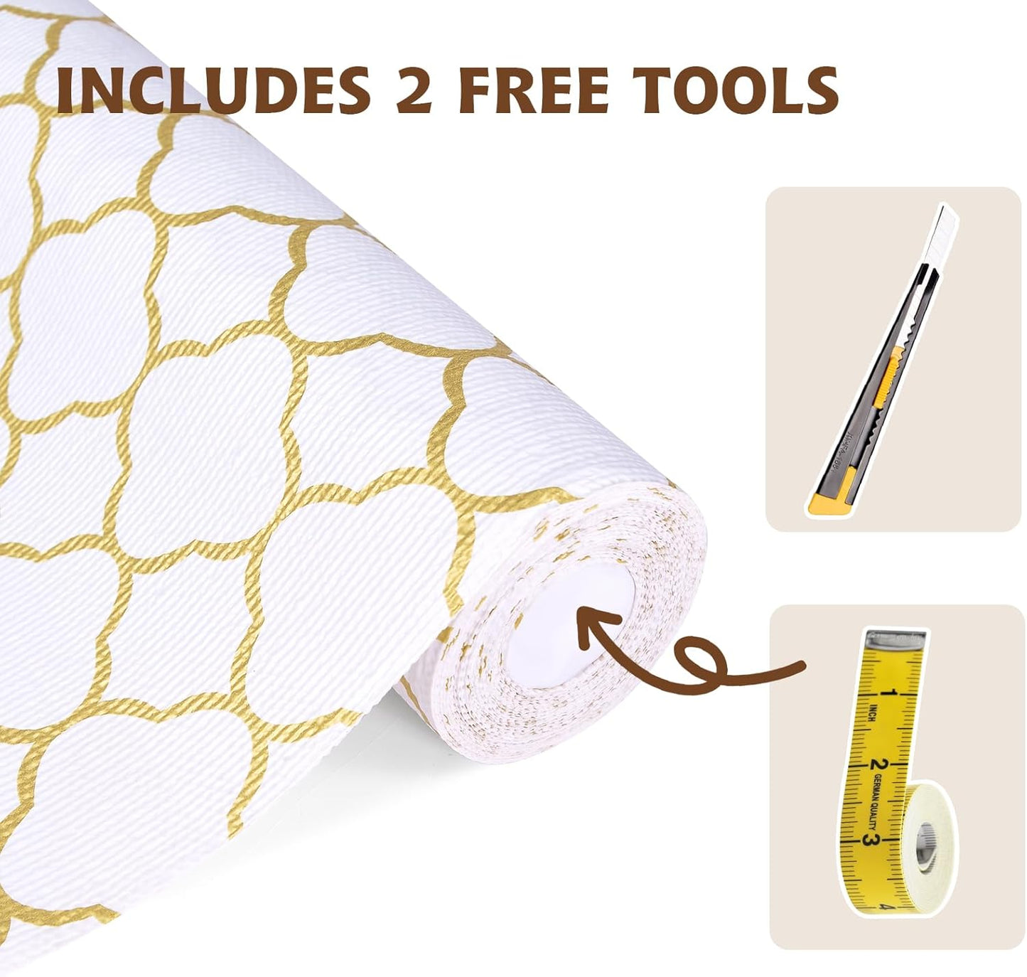 Shelf Liners for Kitchen Cabinets 12in x 20FT Non Adhesive Drawer Liner Gold Quatrefoil Thickened Shelf Liner Paper Strong Non-Slip Easy to Clean for Tool Box Refrigerator with Knife and Tape Measure