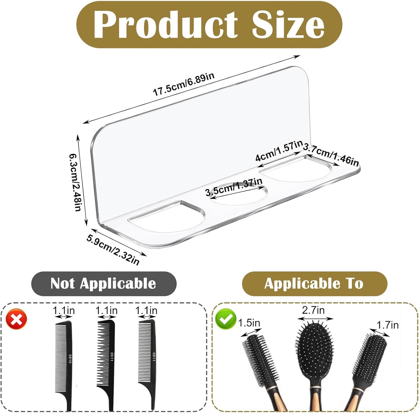 Bathroom Hair Brush Holder Wall Mounted Hair Brush Organizer with 3 Holes Non Perforated Wall Mounted Shaver Storage Rack for Combs, Curling Irons, Razors