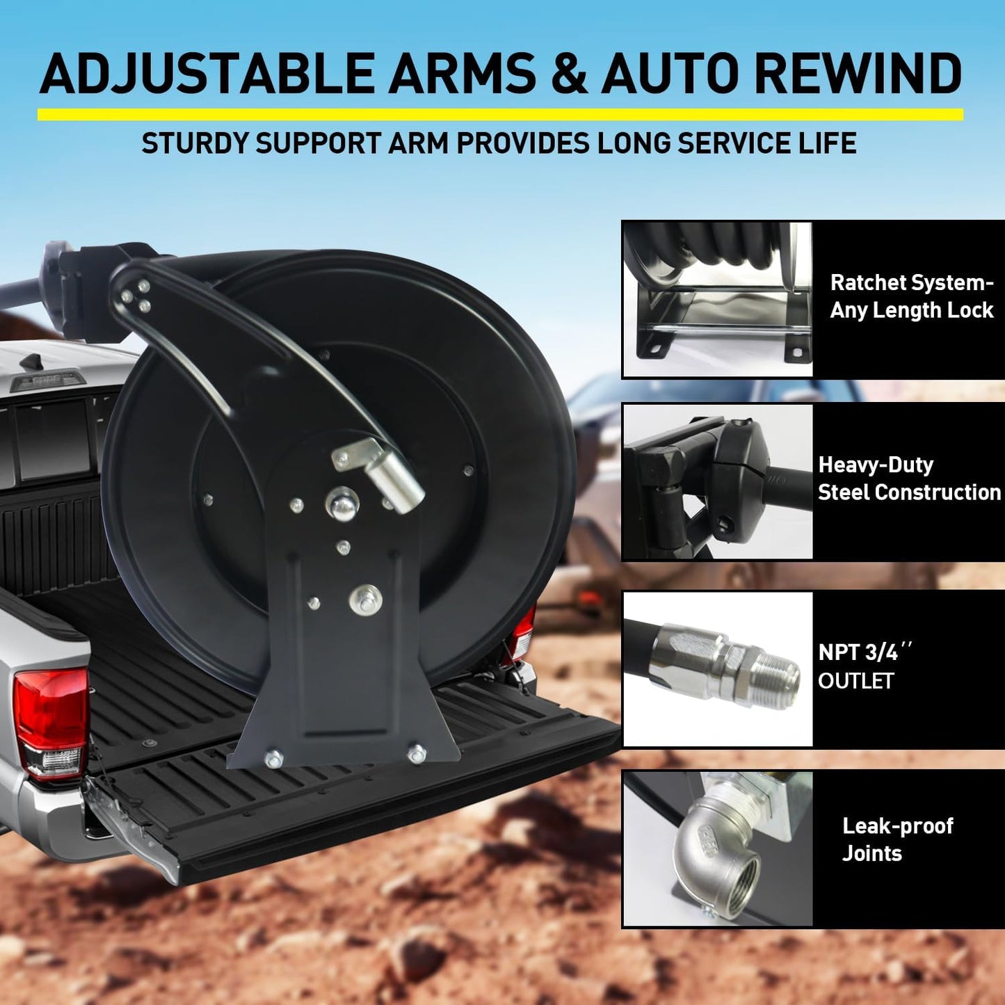 Fuel Hose Reel Retractable 3/4''X33ft w/Fuel Nozzle,Fuel Hose Swivel,Diesel Reel, Auto Spring Driven Hose Reel,300 PSI Industrial,Steel Construction Reel, NBR Rubber Hose