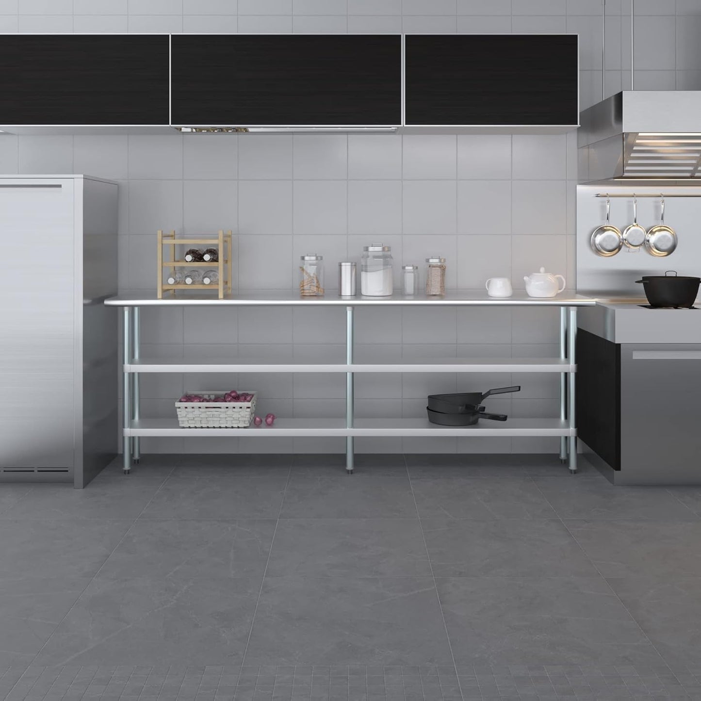 AmGood Stainless Steel Work Table with 2 Shelves | NSF | Metal Utility Table (96" Long x 14" Deep)