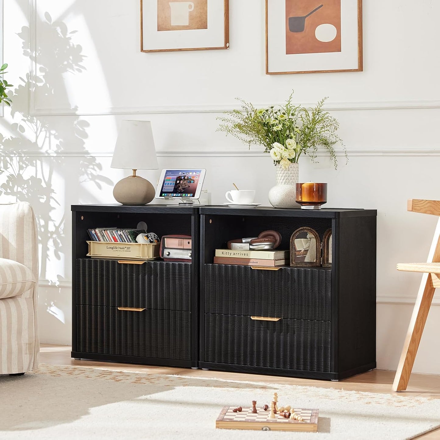 LEYAOYAO Fluted Farmhouse Nightstand Set of 2 with Charging Station, 23" Wide 2 Drawers End Table,Black Dresser for Bedroom,Bed Side Table Chest of Drawers Cabinet,Wood Night Stand for Living Room