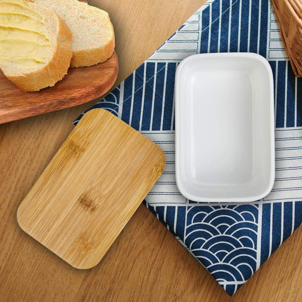 Porcelain Butter Dish with Lid,Ceramic Butter Dish with Bamboo Lip,Butter Keeper Container with Cover for Countertop or Refrigerator,Heat Resistant Kitchen Butter Storage Dish,White (300ml)