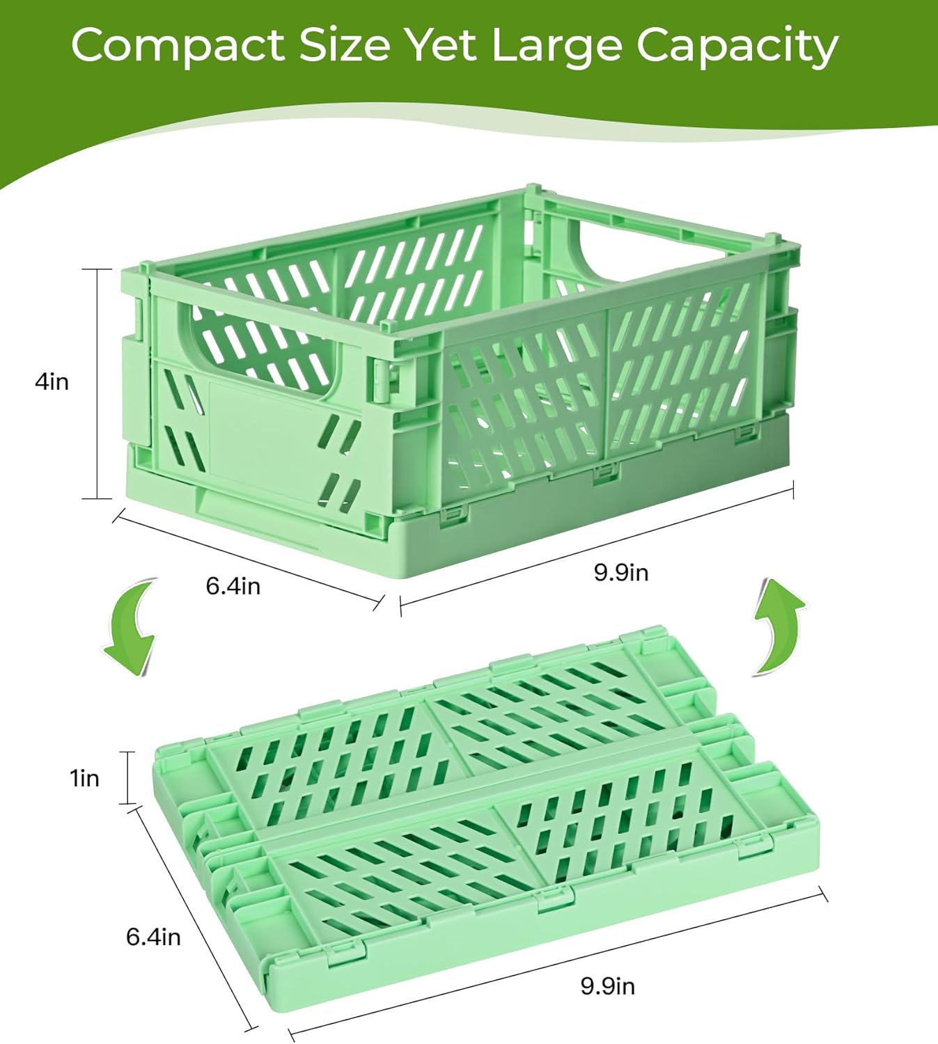 2-Pack Small Pastel Plastic Storage Baskets, Collapsible Crates for Organizing, Space-Saving Mini Bins for Classroom, Kitchen, Office, Bedroom (Green, 9.8" x 6.5" x 3.8")