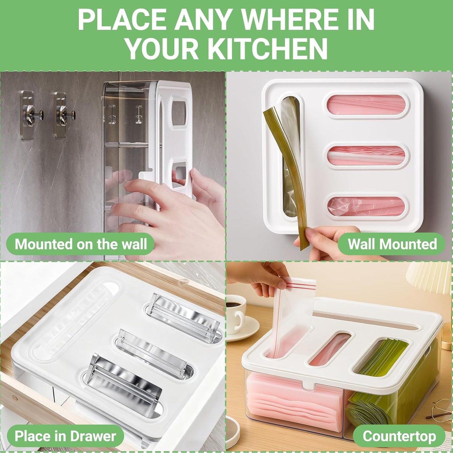Food Storage Bag Organizer, 4 in 1 Plastic Ziplock Bag Organizer for Kitchen Drawer, Holds Gallon, Quart, Sandwich, Snack & Slider Bags, Wall Mount & Drawer Baggie Organization, BPA Free, Local Stock