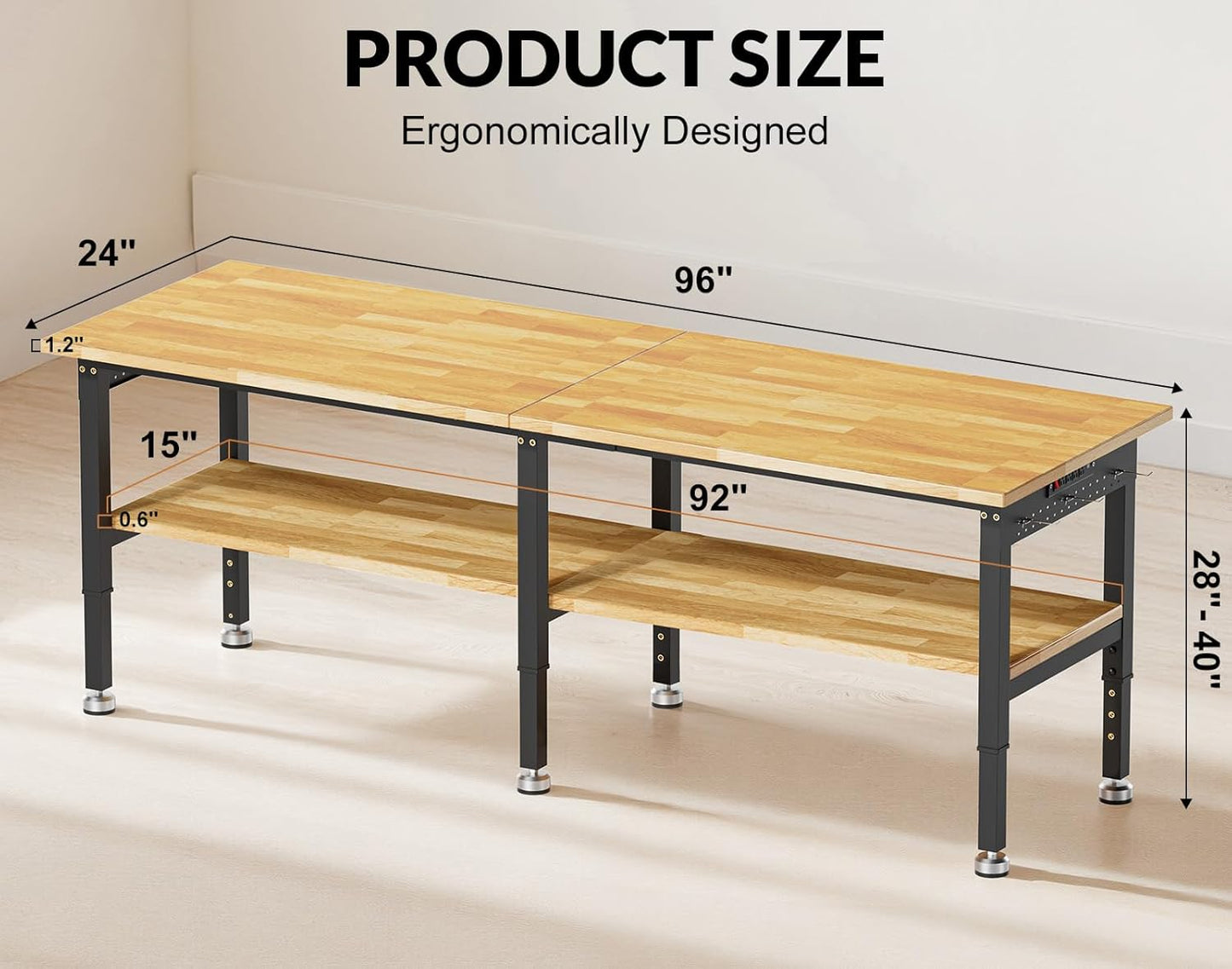 96” Heavy Duty Work Bench, 2-Layer Adjustable Workbench, 5000 LBS Capacity Work Bench with Power Outlet & Pegboard, Rubber Wood Work Table for Garage, Workshop, Office, Home