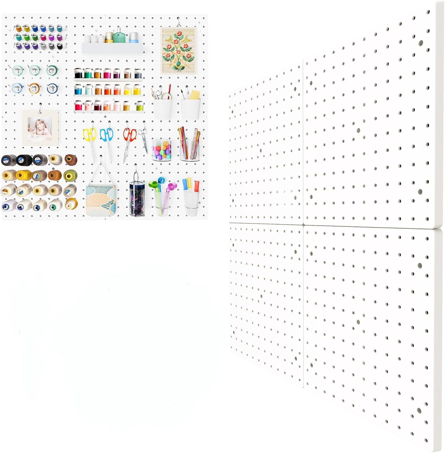 Peg Board,4 Pack Plastic Pegboard, Pegboard Wall Organizer,White Pegboard,ABS Pegboard,No Drilling Required,24x24inch,Suitable for Craft Room Office Garage Kitchen