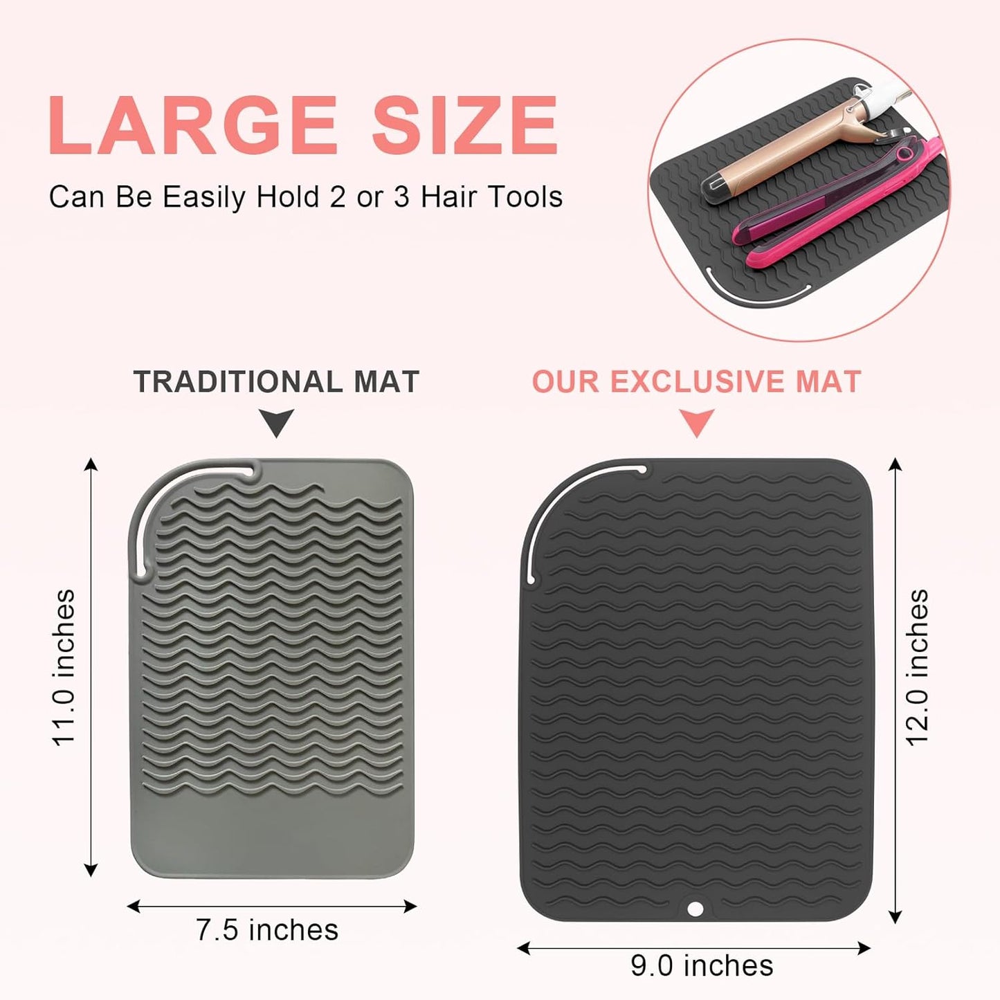 Plus Size Silicone Heat Resistant Mat, Portable Travel Hot Tools Pad Cover for Curling Iron, Flat Iron, Hair Straightener and Other Hair Styling Tools(12.0" x 9.0")